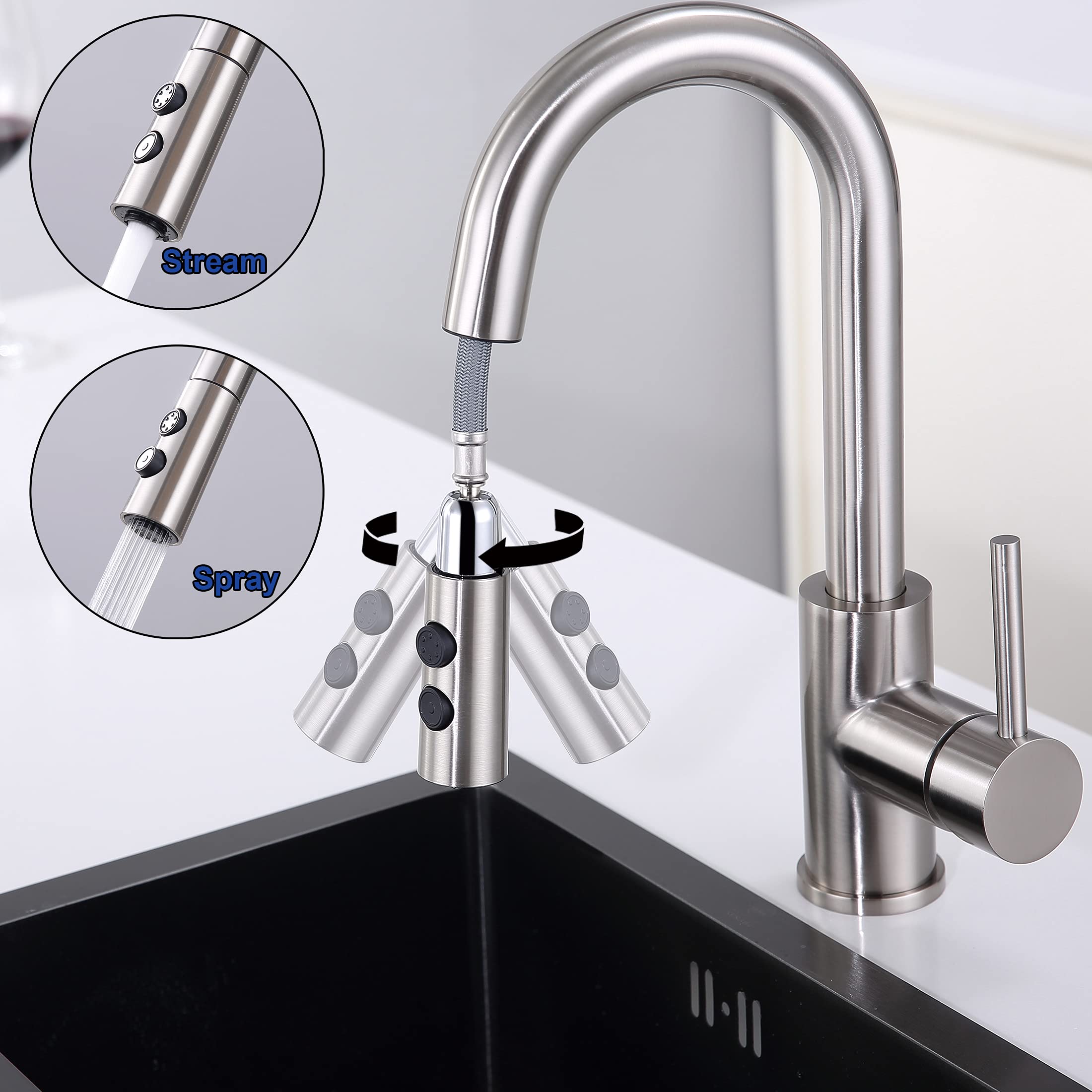 JXMMP Single Handle Pull-Out Sprayer Bar Faucet - Brushed Nickel Stainless Steel Kitchen Sink Faucet with cUPC Supply Hose - Perfect for Small Kitchens, Wet Bars & Home Bars
