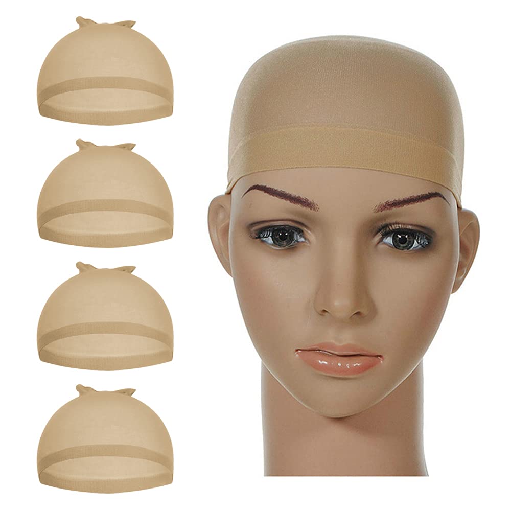 4 Pcs Stretchy Nylon Wig Caps - Brown Skin Tone Wig Cap for Women & Men, Breathable Bald Cap for Wigs & Cosplay - Perfect for Daily Use, Costume Parties & Hair Styling