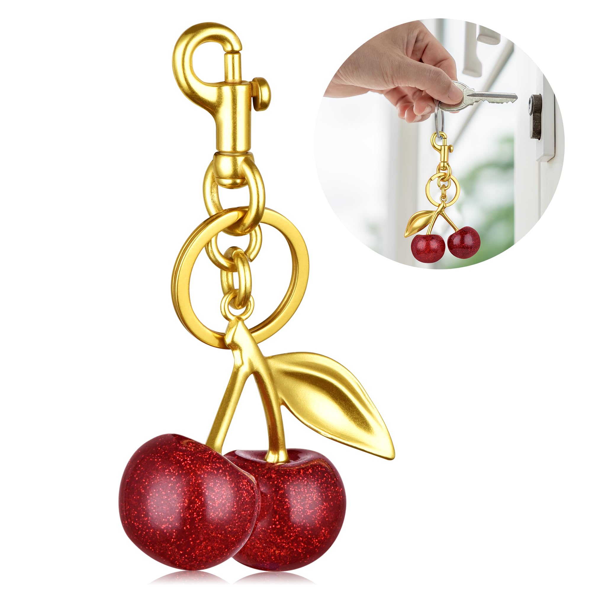 Cherry Keychain - Cute Glittering Resin & Metal Bag Charm with Keyring Clip - Perfect for Purses, Backpacks & Wallets - Great Gift for Girls & Women