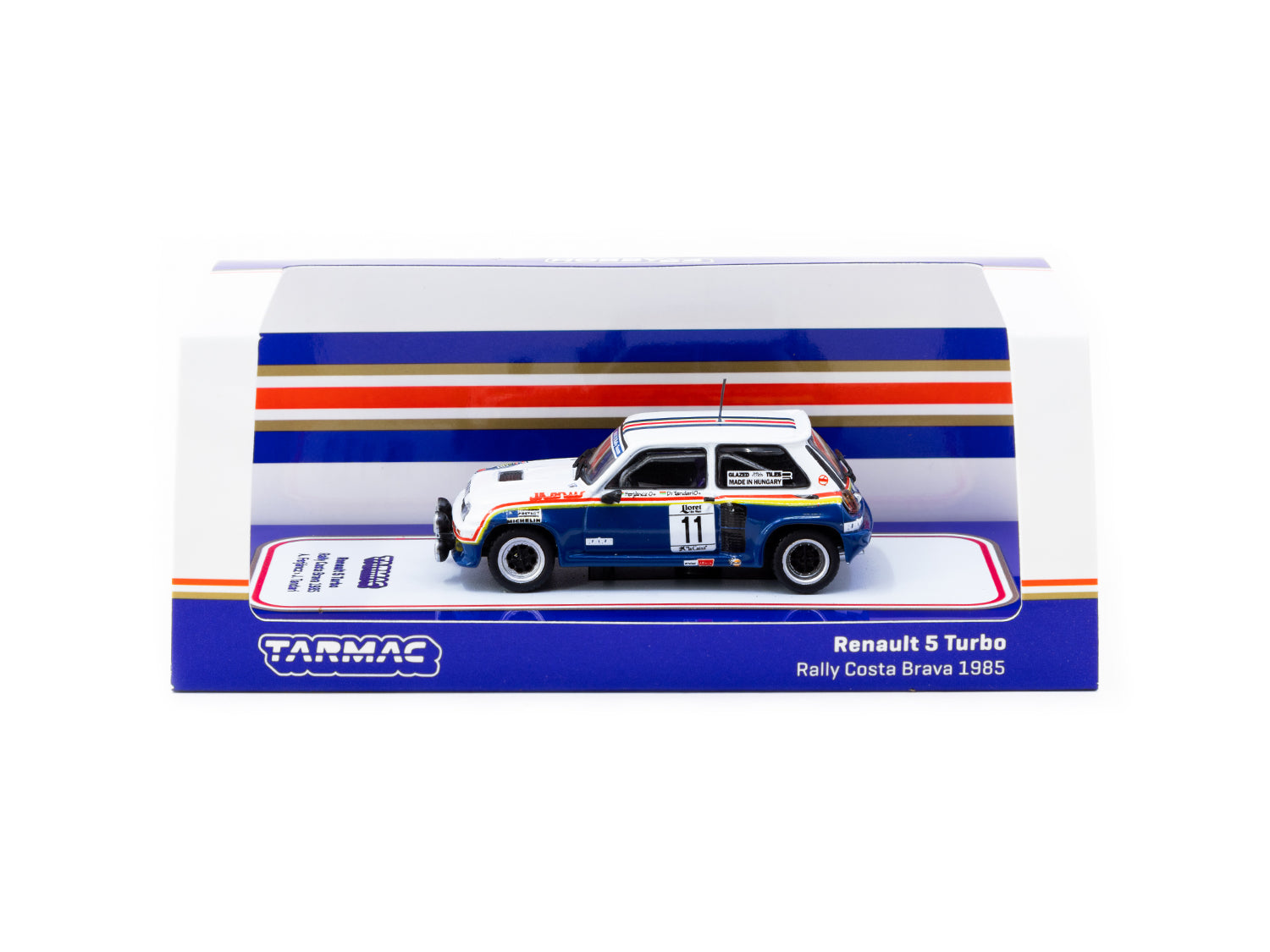 Tarmac Works 1/64 Scale Renault 5 Turbo Rally Car - Costa Brava 1985 #11 Diecast Model | Collectible Hobby64 Miniature for Racing Enthusiasts & Display Showcase