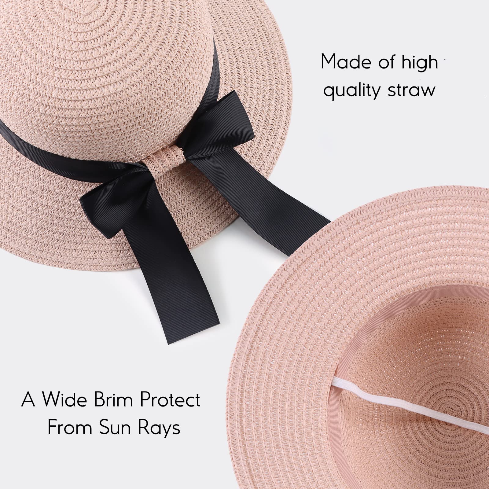 Zsedrut Women's & Girls' Straw Sun Hat - Wide Brim Summer Beach Hat with Bow, Foldable Floppy Visor for Outdoor, Travel & Vacation