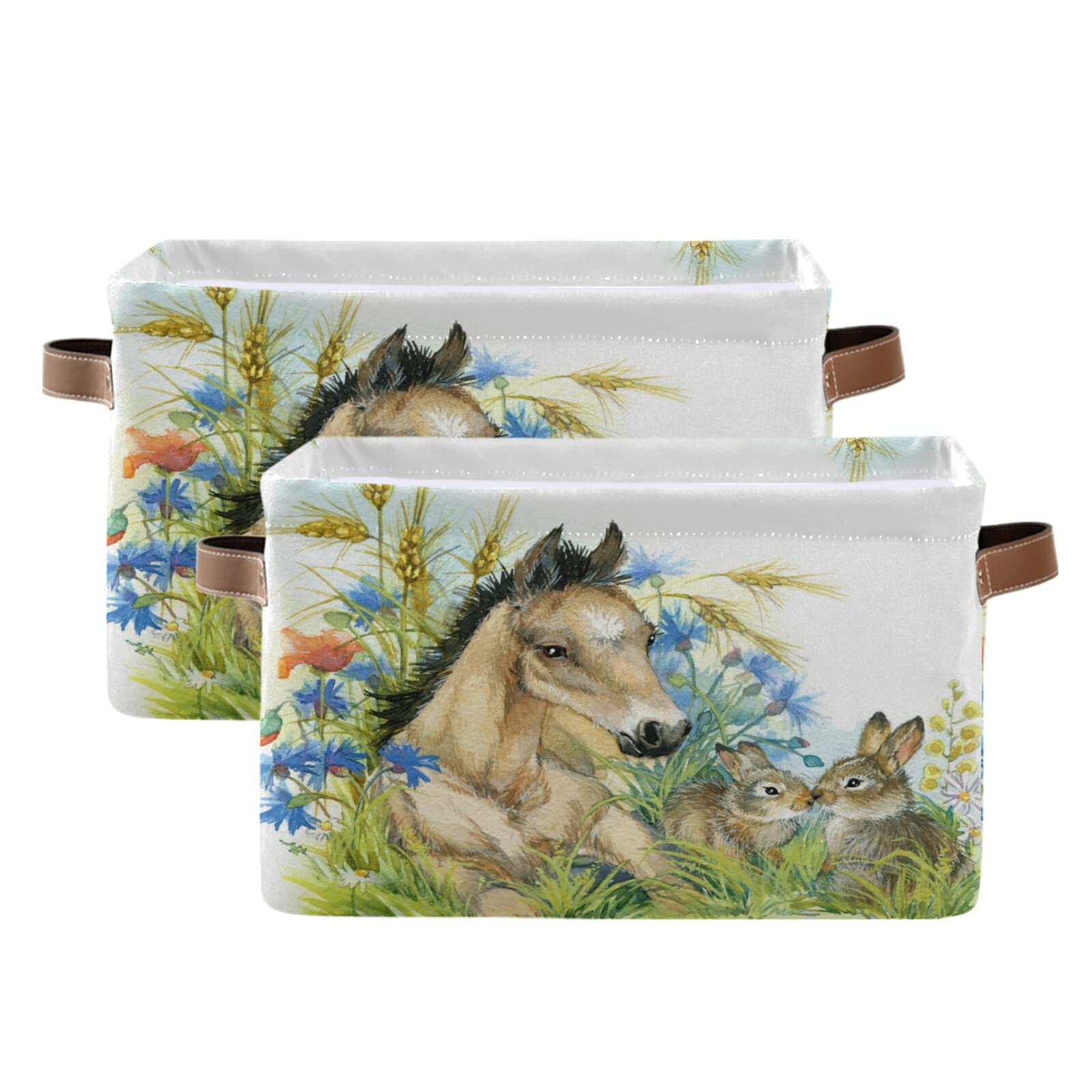 Collapsible Storage Baskets with Handles - 2 Pack Decorative Easter Bunny Bins for Horse, Rabbit & Flower Storage | Perfect for Nursery, Closet, Office, Home & Bedroom Organization
