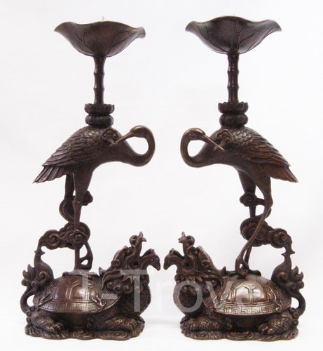 Elegant Bronze Longevity Crane Candle Holders - Set of 2 - Feng Shui Home Decor for Living Room, Bedroom & Wedding Centerpieces