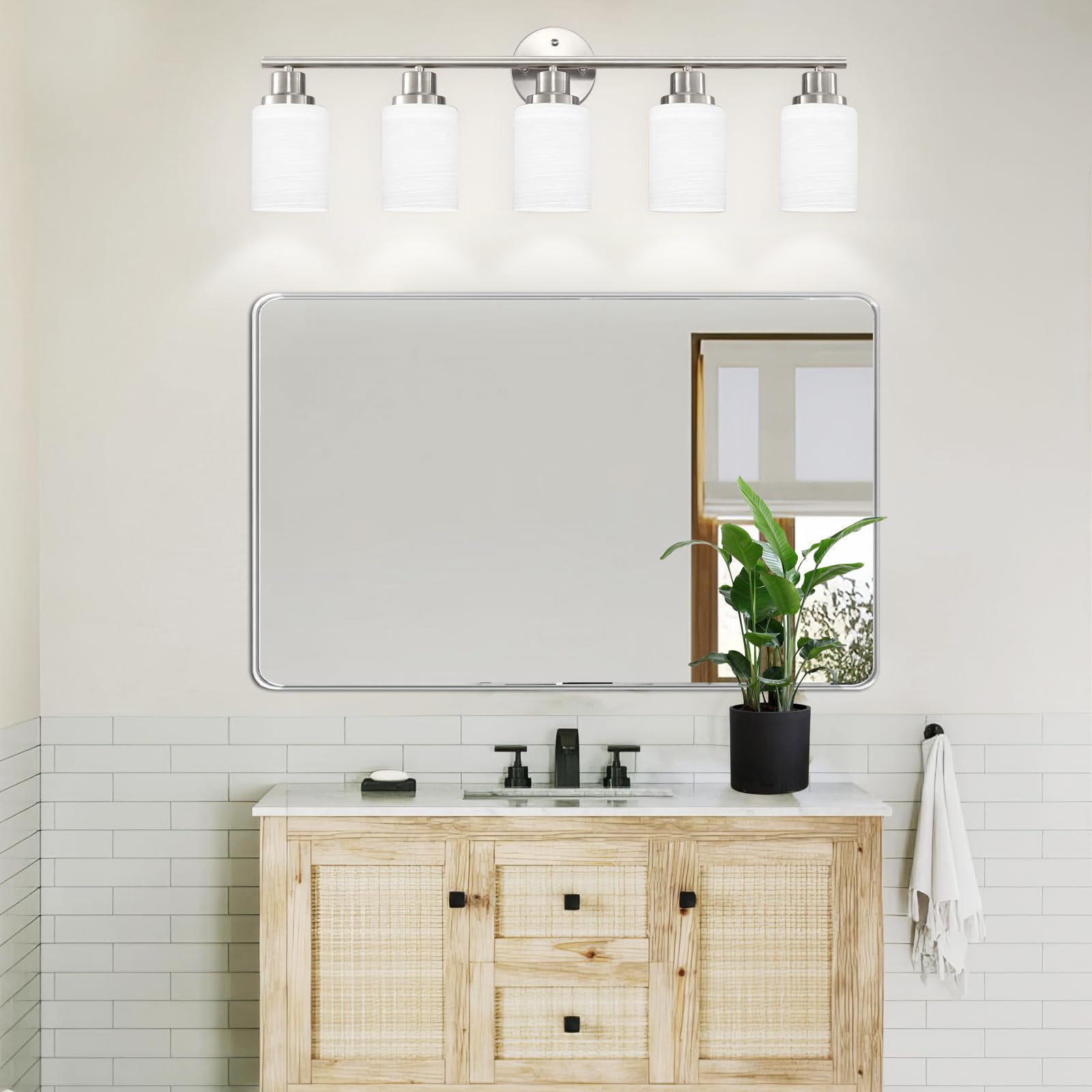 5-Light Brushed Nickel Bathroom Vanity Light Fixture with Frosted Glass Shade - Modern Mirror Lighting for Bathroom, Bedroom & Dressing Room