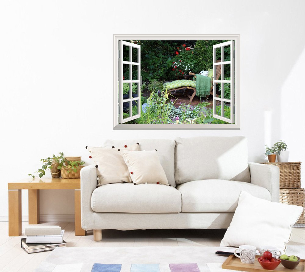 Creative Window View Wall Mural - Deck Chair in a Serene Garden with Vibrant Flowers | Removable Wall Sticker for Living Room, Bedroom, or Office Decor - 24