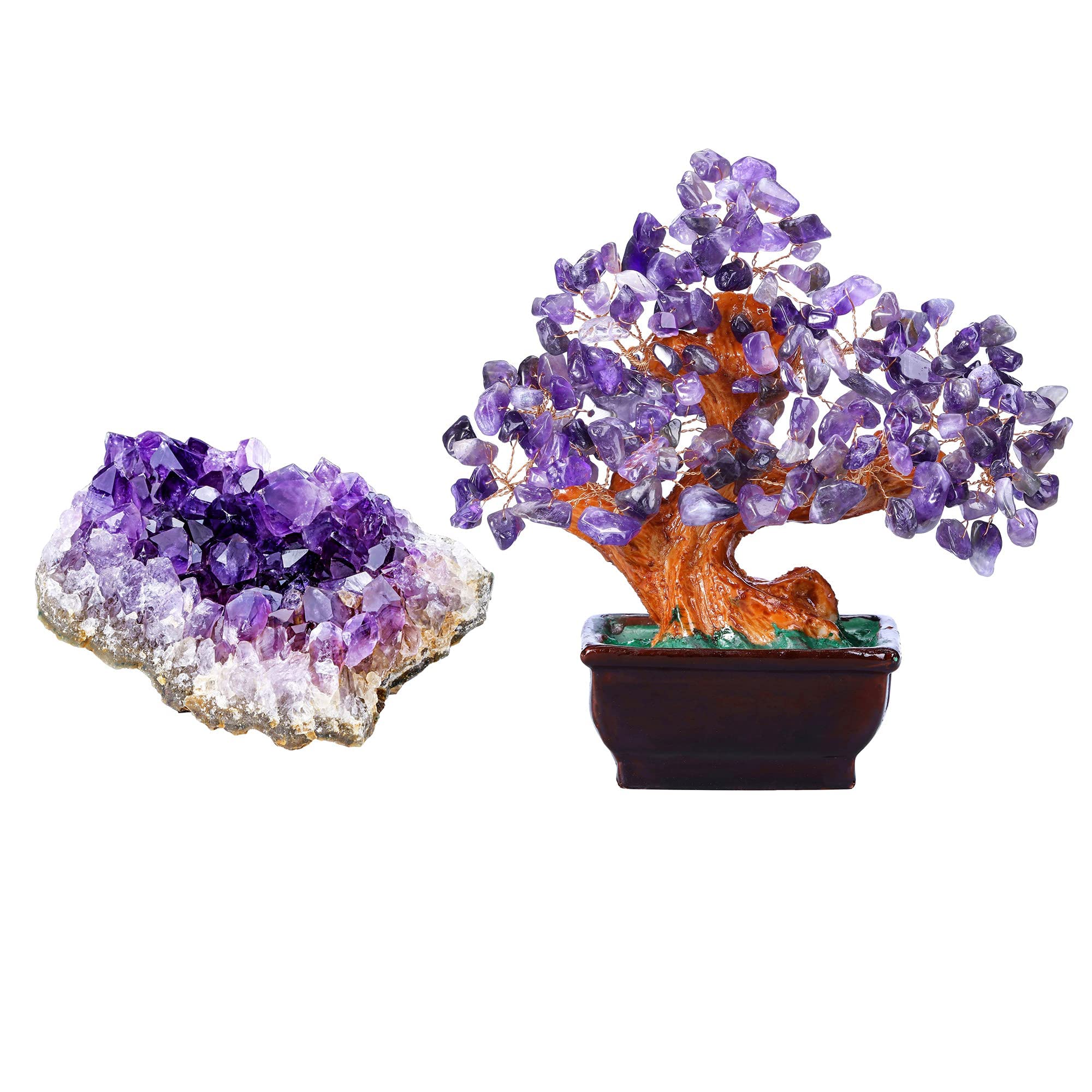 Natural Raw Amethyst Geode Cluster & Purple Amethyst Crystal Money Tree with Resin Base - Healing Stones Set for Meditation, Feng Shui, Home Decor & Spiritual Gifts