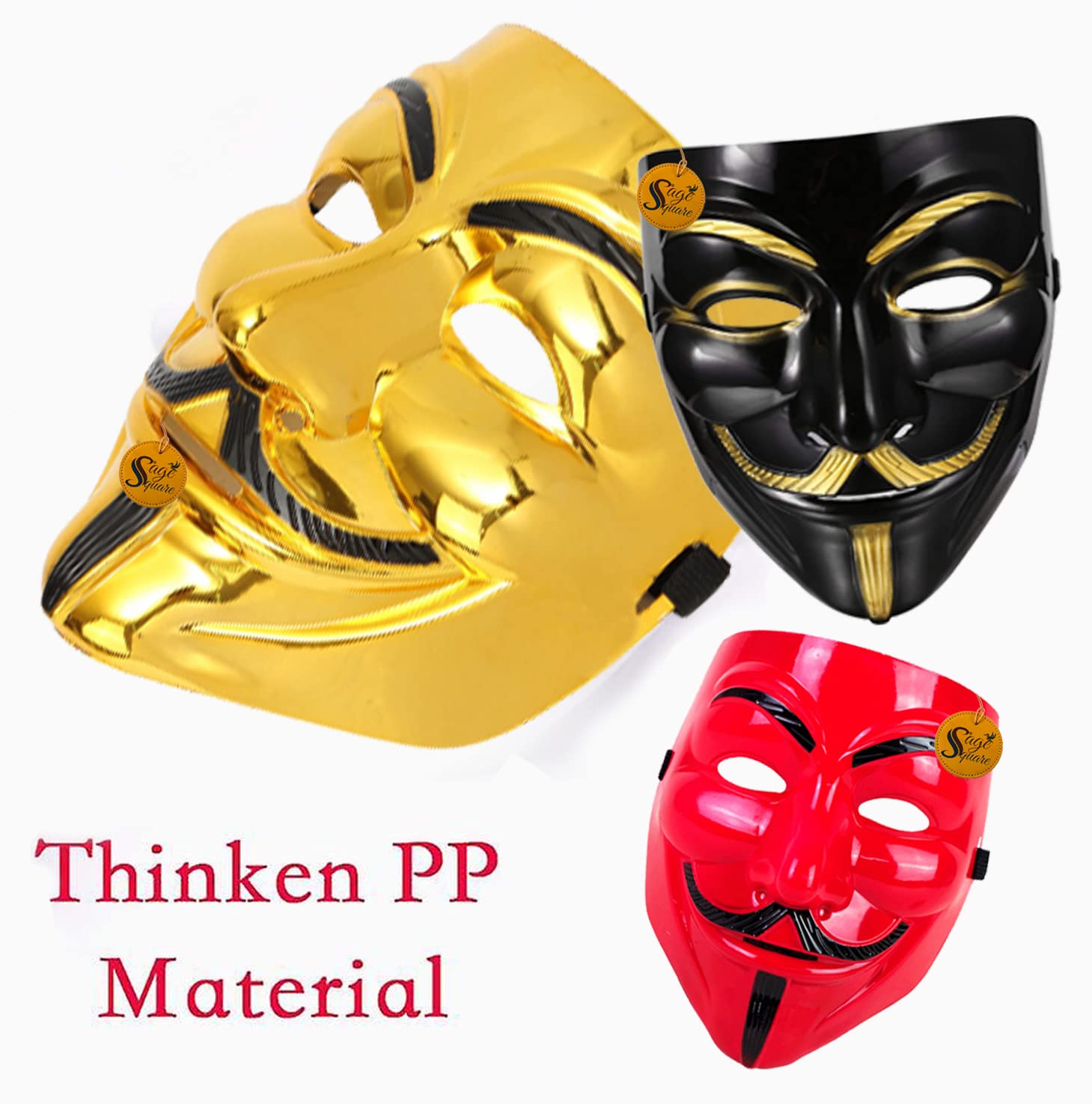 V for Vendetta Cosplay Mask Set - Sage Square Black, Golden & Red Fawkes Mask - Anonymous VIP Edition - Perfect Fit Halloween Costume & Protest Accessory (3-Pack)