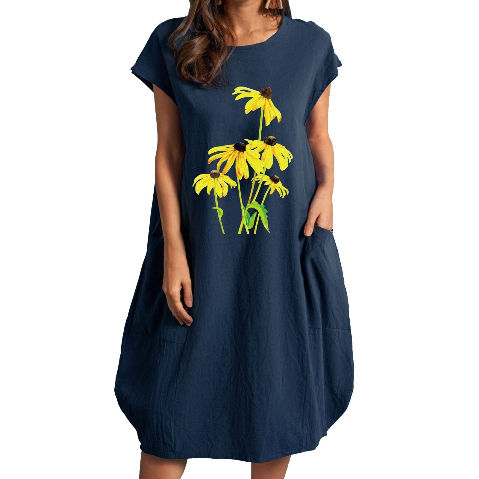 Women's Floral Daisy Print Short Sleeve Cotton Dress - Loose Fit Round Neck T-Shirt Dress with Pockets | Perfect for Summer Outfits, Beach Wear & Casual Everyday Fashion