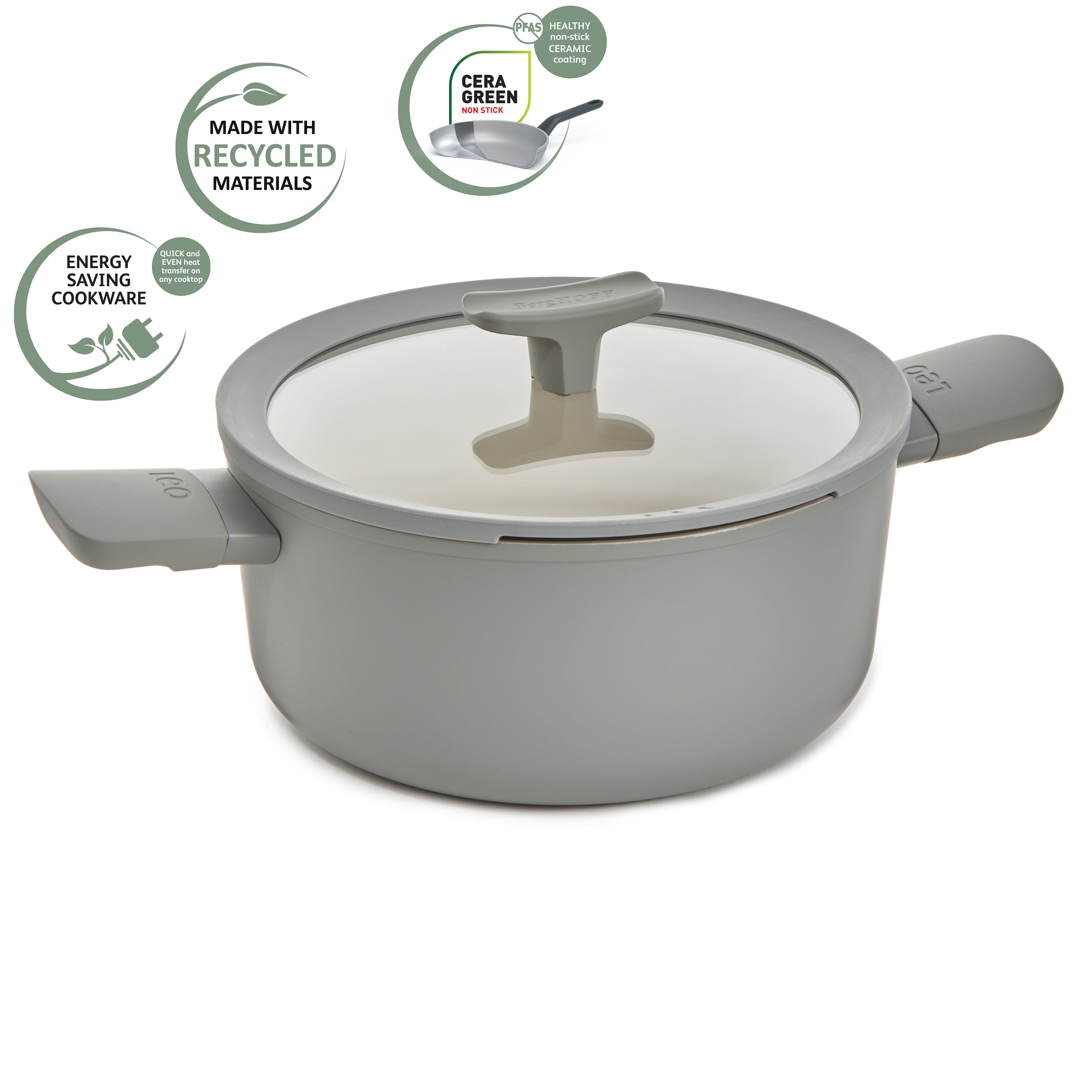 BergHOFF Balance 10-Inch Nonstick Ceramic Stockpot with Glass Lid – 4.6 Quart Recycled Aluminum Cookware in Moonmist – Perfect for Soups, Stews & Pasta – Eco-Friendly Kitchen Essential