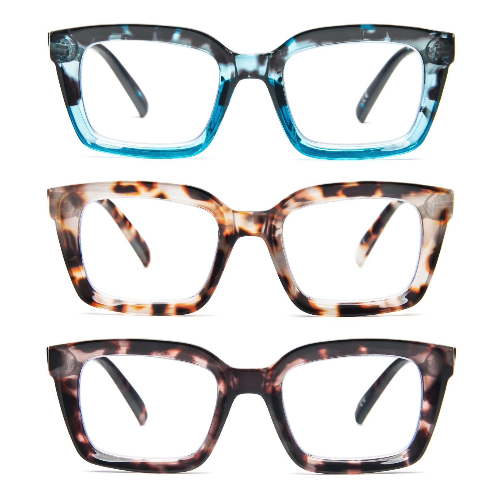 MMOWW Oversized Blue Light Blocking Reading Glasses for Women - 3 Pack Fashion Computer Readers with Spring Hinge +1.0 Strength - Perfect for Office Work, Screen Time & Reading