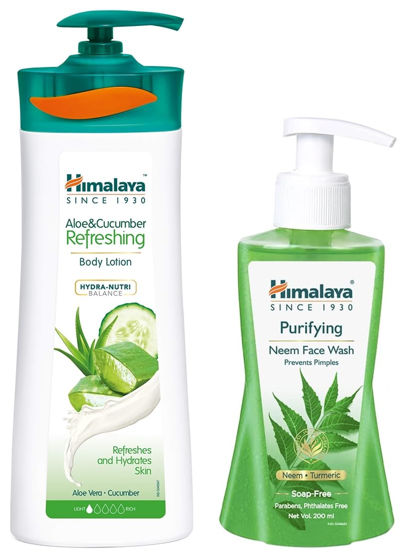 Himalaya Herbals Purifying Neem Face Wash 200ml & Aloe Cucumber Refreshing Body Lotion 400ml - Natural Skincare Set for Acne Control & Hydration | Perfect for Daily Face Cleansing & Body Moisturizing