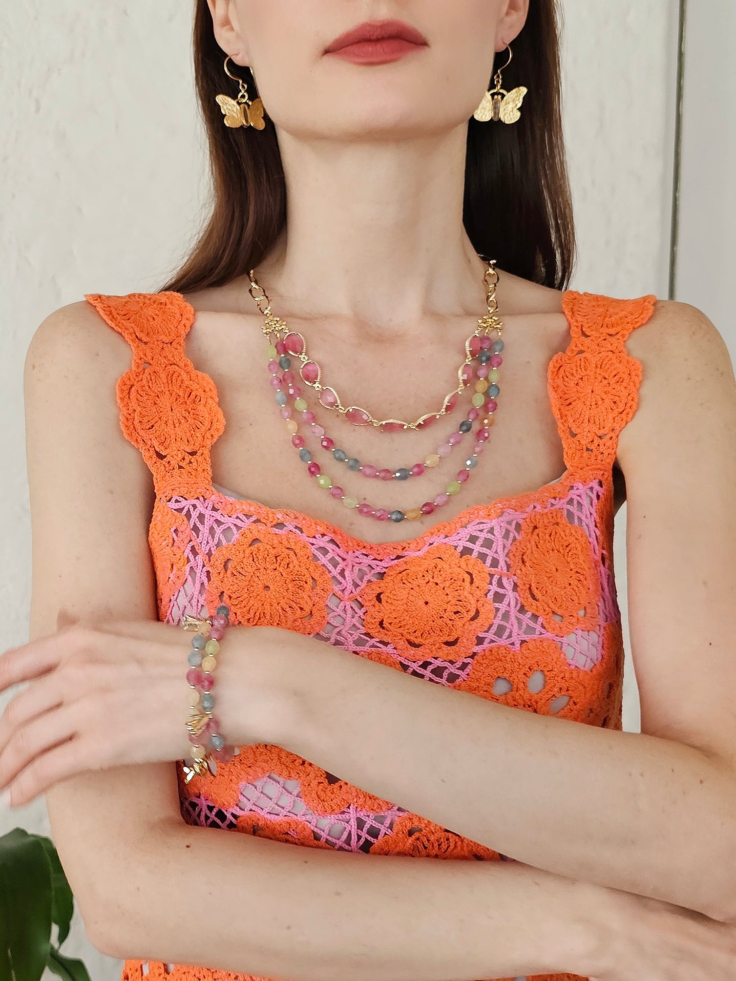 Pink Opal & Tourmaline Layered Statement Necklace for Women - Elegant Boho Jewelry Gift for Birthday, Wedding & Special Occasions