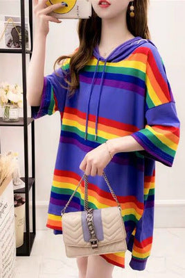 Harajuku Rainbow Stripe Hoodie for Women - Loose Pullover Sweatshirt | Pastel Pink Japanese Fashion | Cute & Sweet Girls Outfit | Perfect for Streetwear, Kawaii Style & Casual Wear