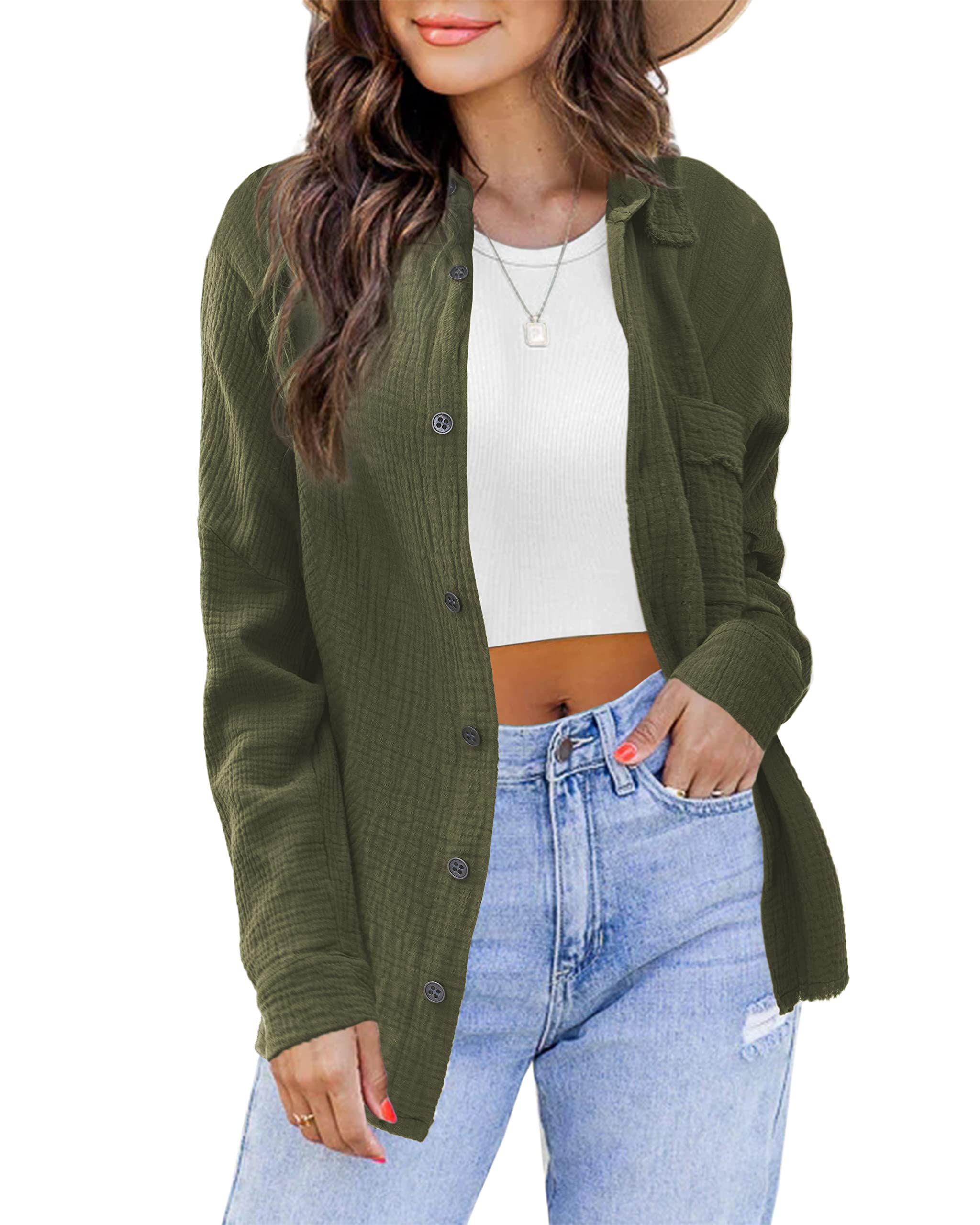 iGENJUN Women's Long Sleeve Linen Flannel Shirt Jacket - Button Down Shacket for Fall Fashion 2024 | Casual Office Wear & Autumn Layering Outfits