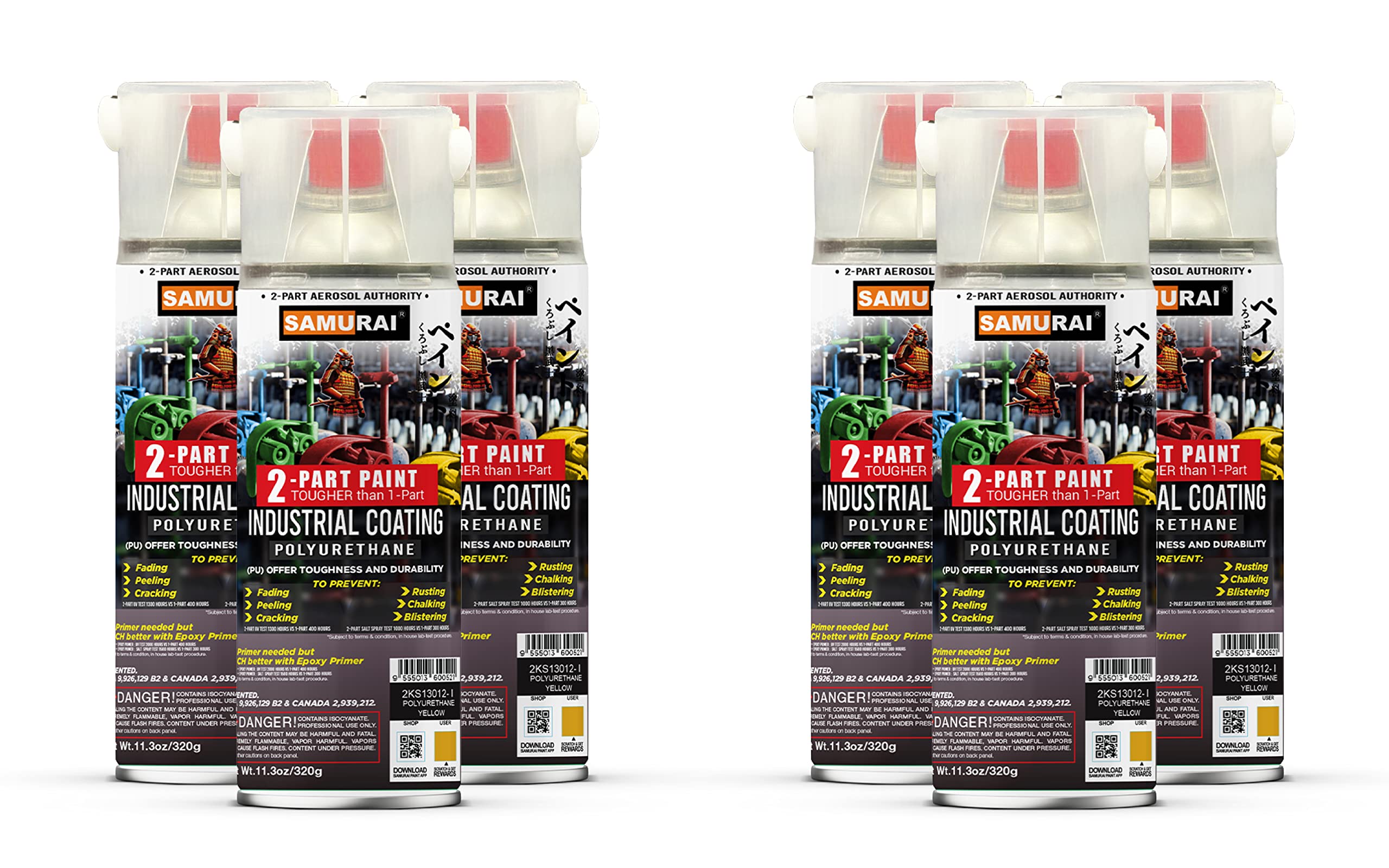 Industrial Grade SAMURAI 2-Part Polyurethane Spray Paint - 11.3 oz UV & Rust Resistant Metallic Black (6-Pack) for Metal, Wood, Automotive & DIY Projects