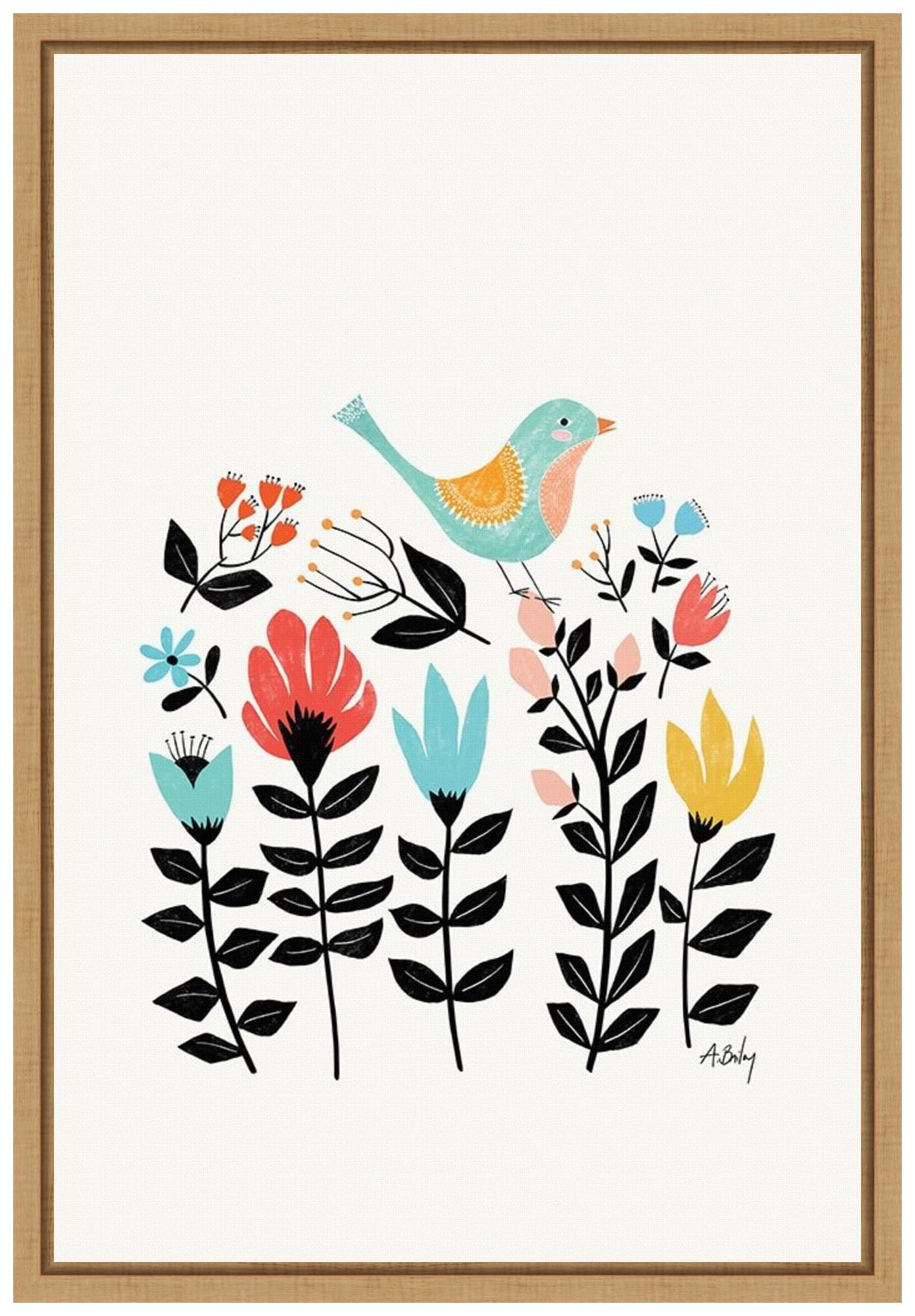 Amanti Art Framed Canvas Wall Art - 23x16 Folk Art Garden (Bird) by Annie Bailey - Modern Animal Artwork for Home Decor - Perfect for Living Room, Bedroom & Bathroom - Handmade Framed Poster Painting for Wall Decoration