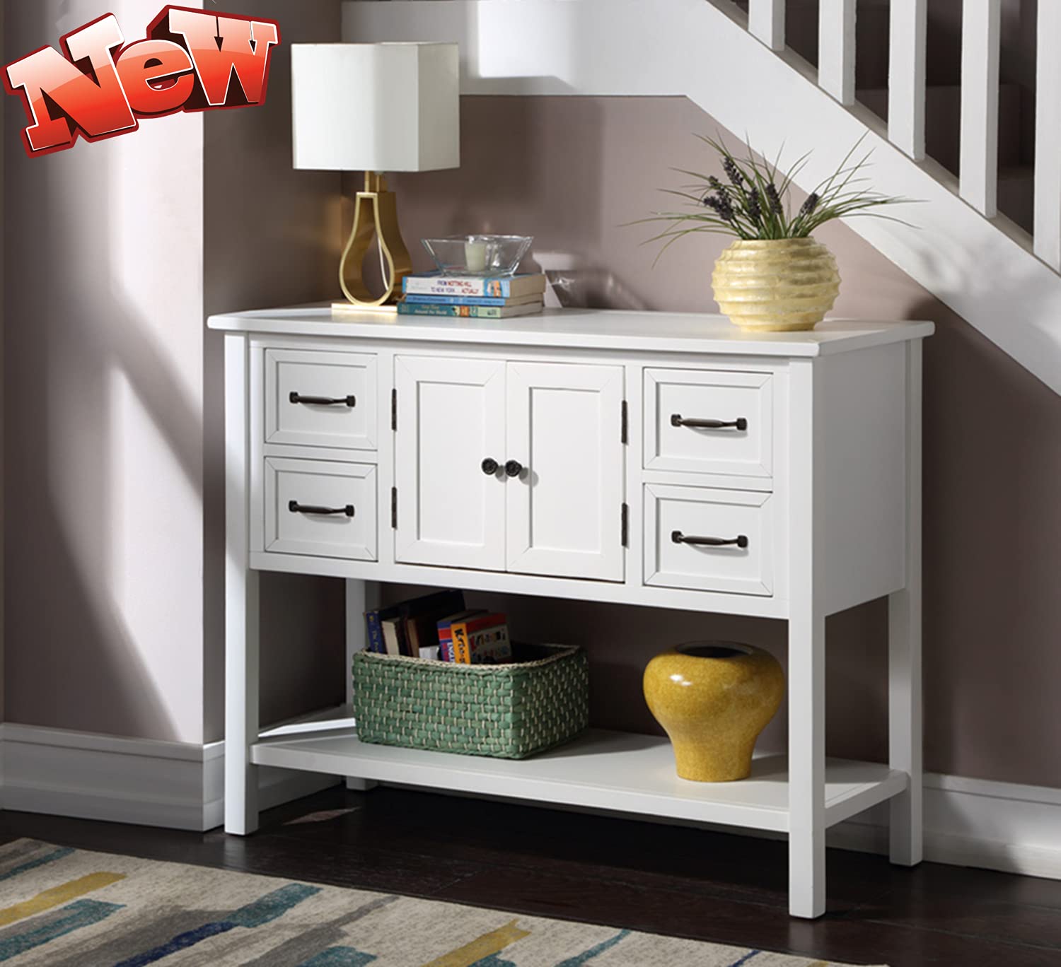 Solid Wood Buffet Sideboard Cabinet with 4 Drawers - Modern Console Table for Living Room & Entryway Storage