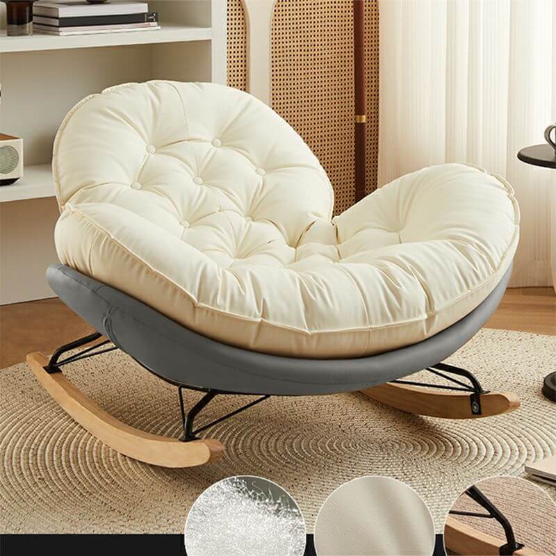 Modern Faux Leather Beige Upholstered Rocking Chair with Spindle Back & Natural Wood Legs - Cozy Nursery, Living Room or Bedroom Accent Chair for Relaxing & Nursing