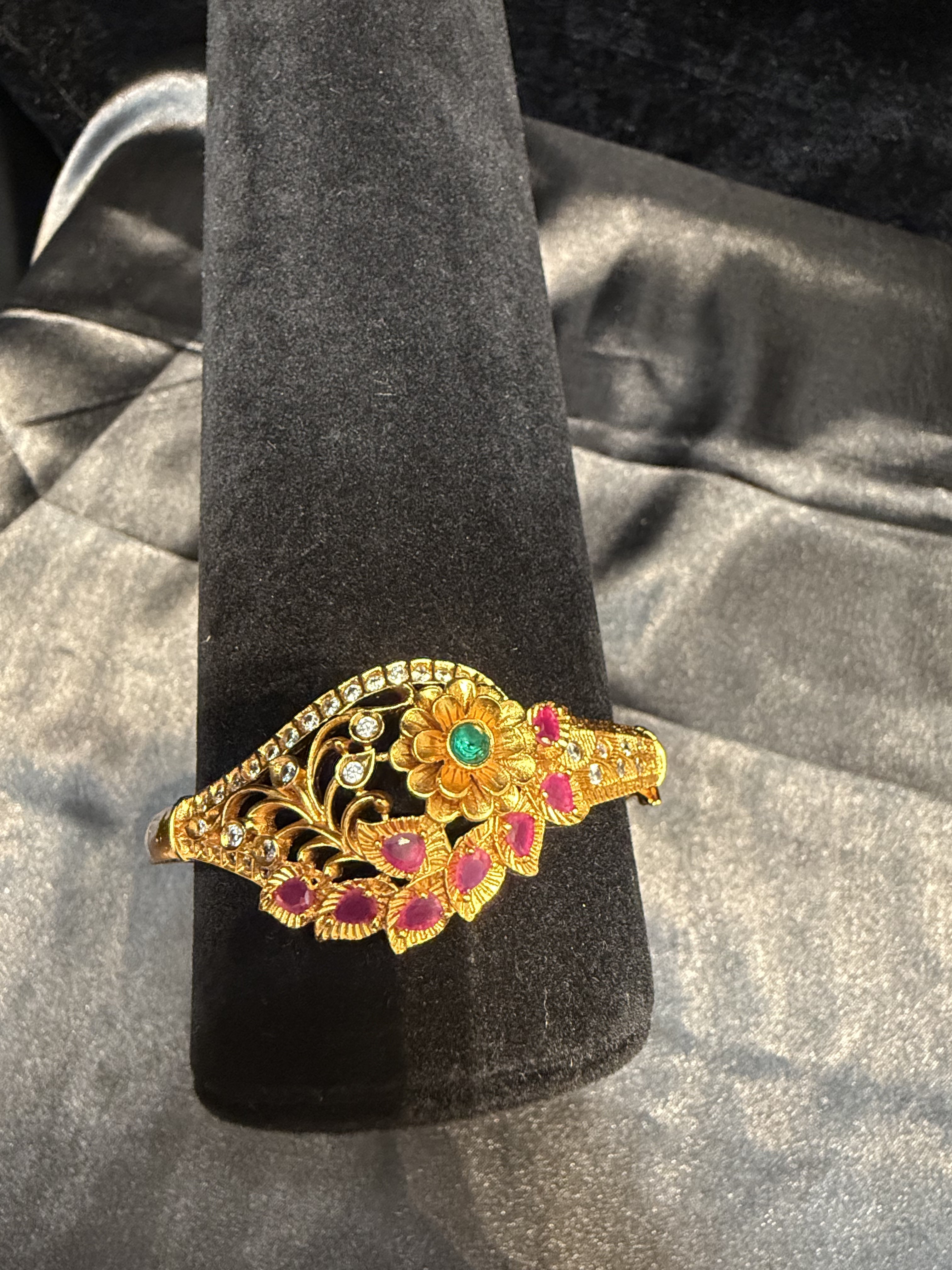 Elegant Gold Plated Bracelet with Pink & Green Stones, Floral Leaf Design - Perfect for Weddings, Parties & Gift Giving