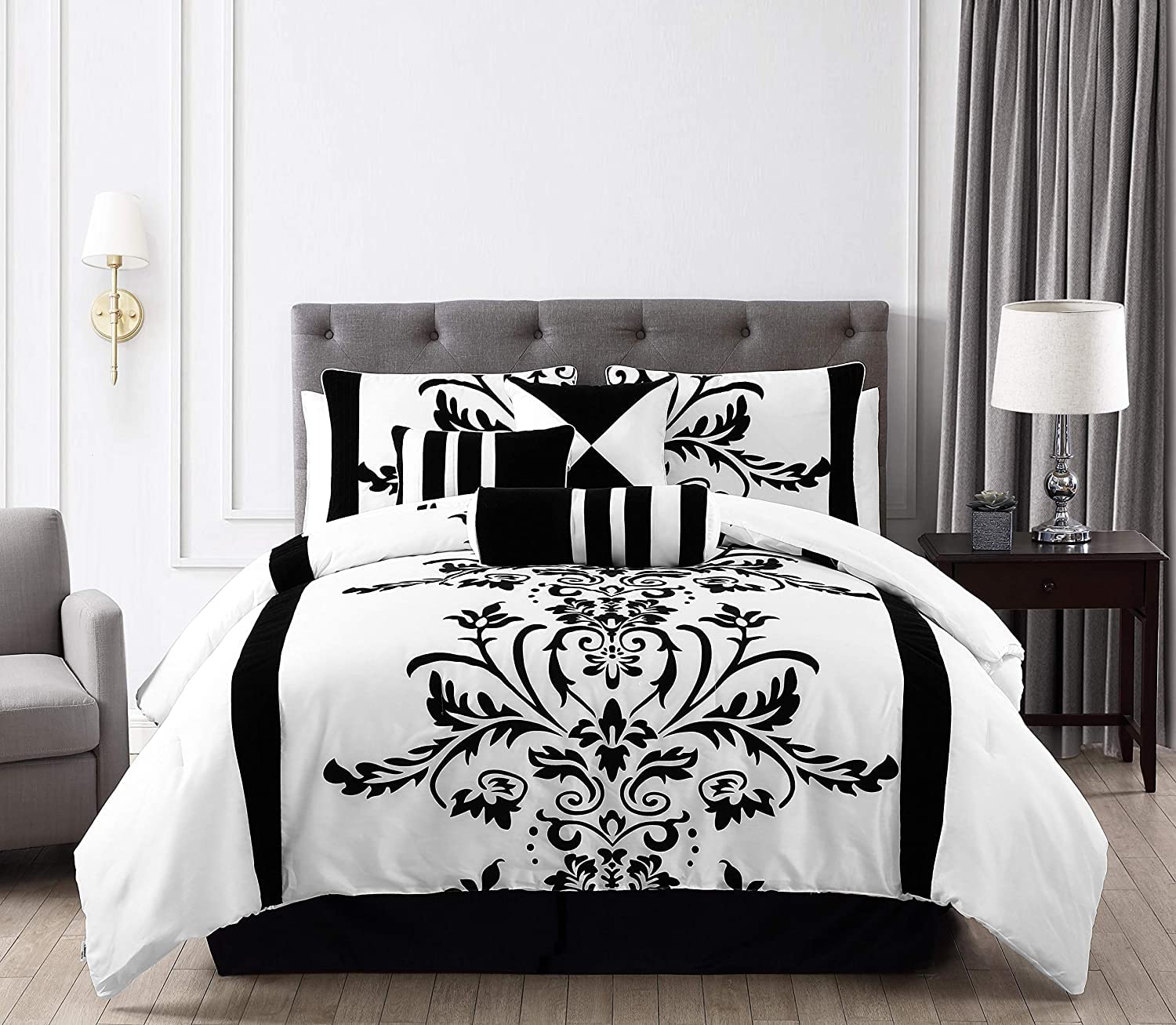 Luxury 7-Piece Faux Silk Comforter Set Full Size - White & Black Flocked Velvet Floral Design for All Seasons | Chezmoi Collection Nobility Bedding | Perfect for Master Bedroom, Guest Room & Dorm Decor