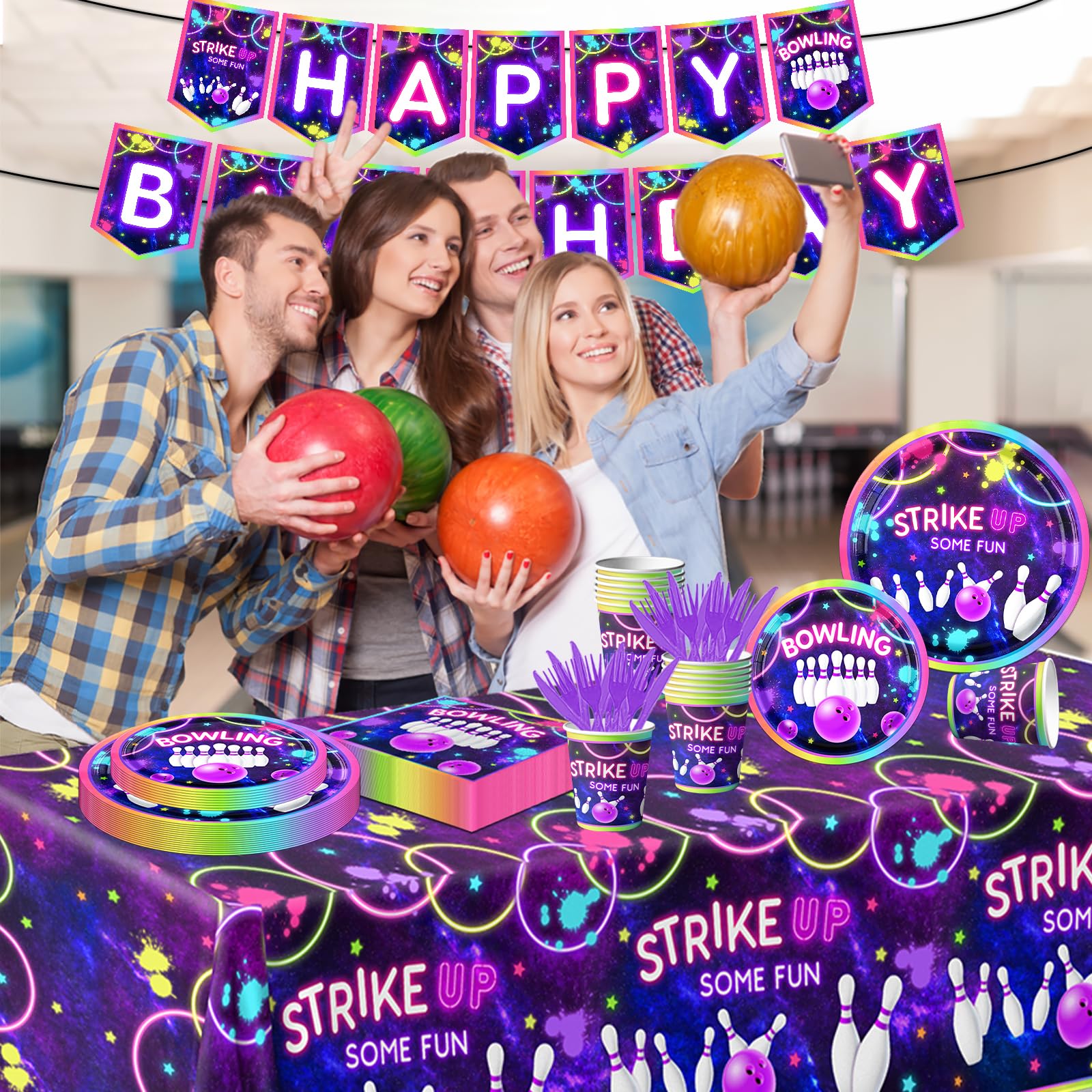 142Pcs Bowling Party Supplies Set - Disposable Plates, Tablecloth, Napkins, Cups & Utensils for Kids Birthday Decorations | Neon Rainbow Glow Theme | Perfect for Bowling Themed Parties, Baby Showers & Game Night Events
