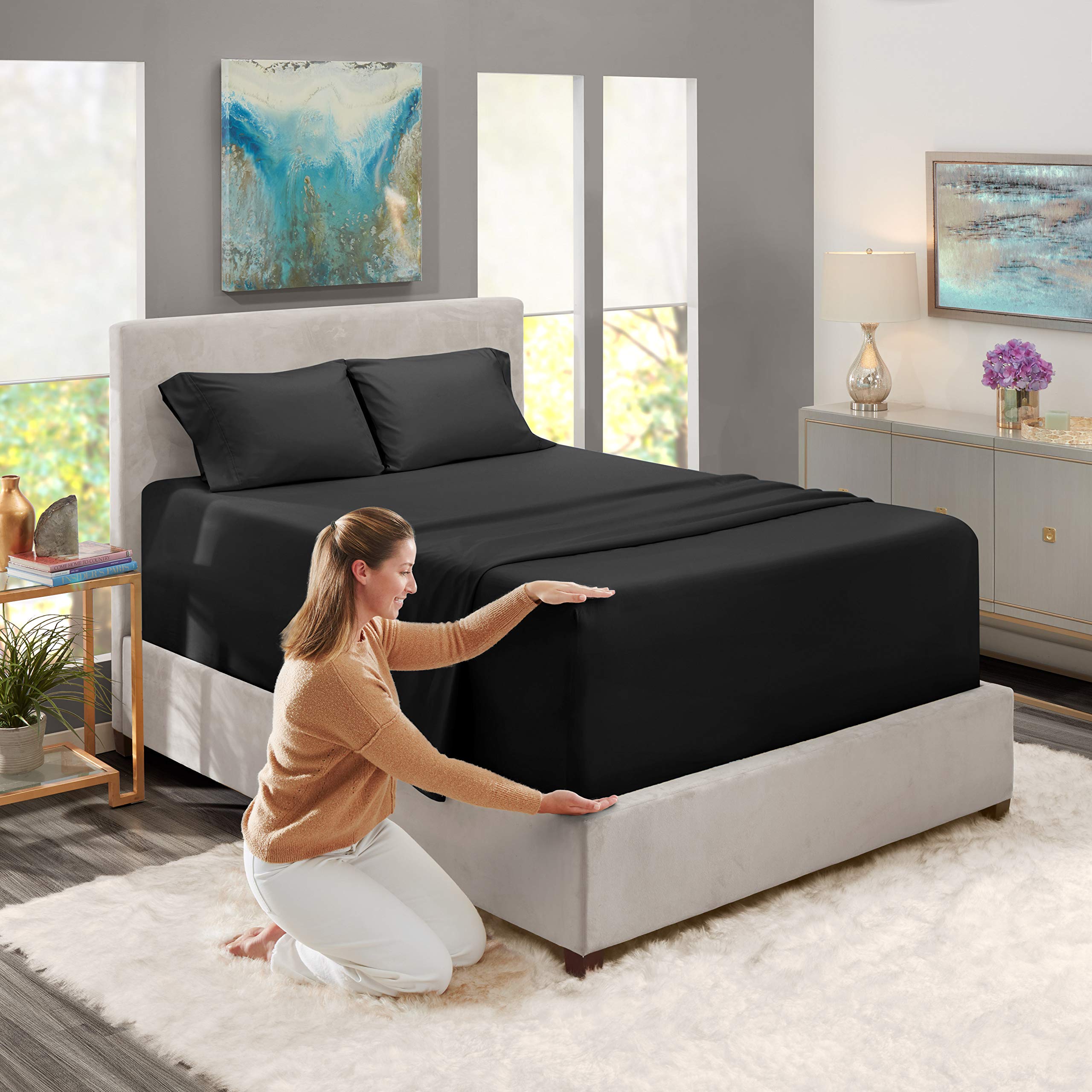 Nestl Extra Deep Pocket Sheet Set - 4 Piece Full Size Sheets Fits 18-24 Inch Mattress, Soft & Breathable Black Bedding - Perfect for Guest Rooms, Dorms & Deep Mattresses
