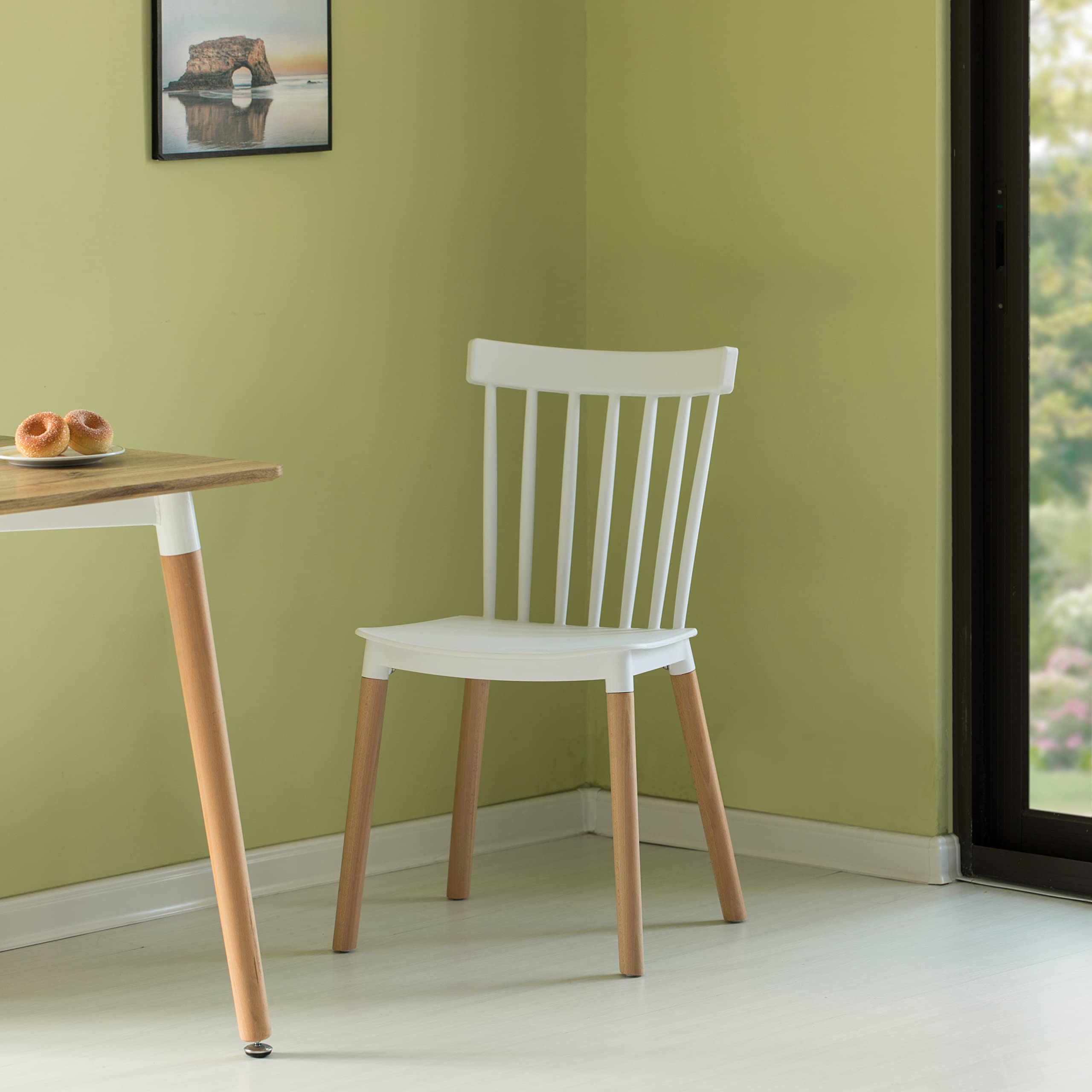 Fabulaxe Modern White Plastic Dining Chairs Set of 2 - Windsor Style with Beech Wood Legs for Kitchen, Dining Room, and Outdoor Patio Use