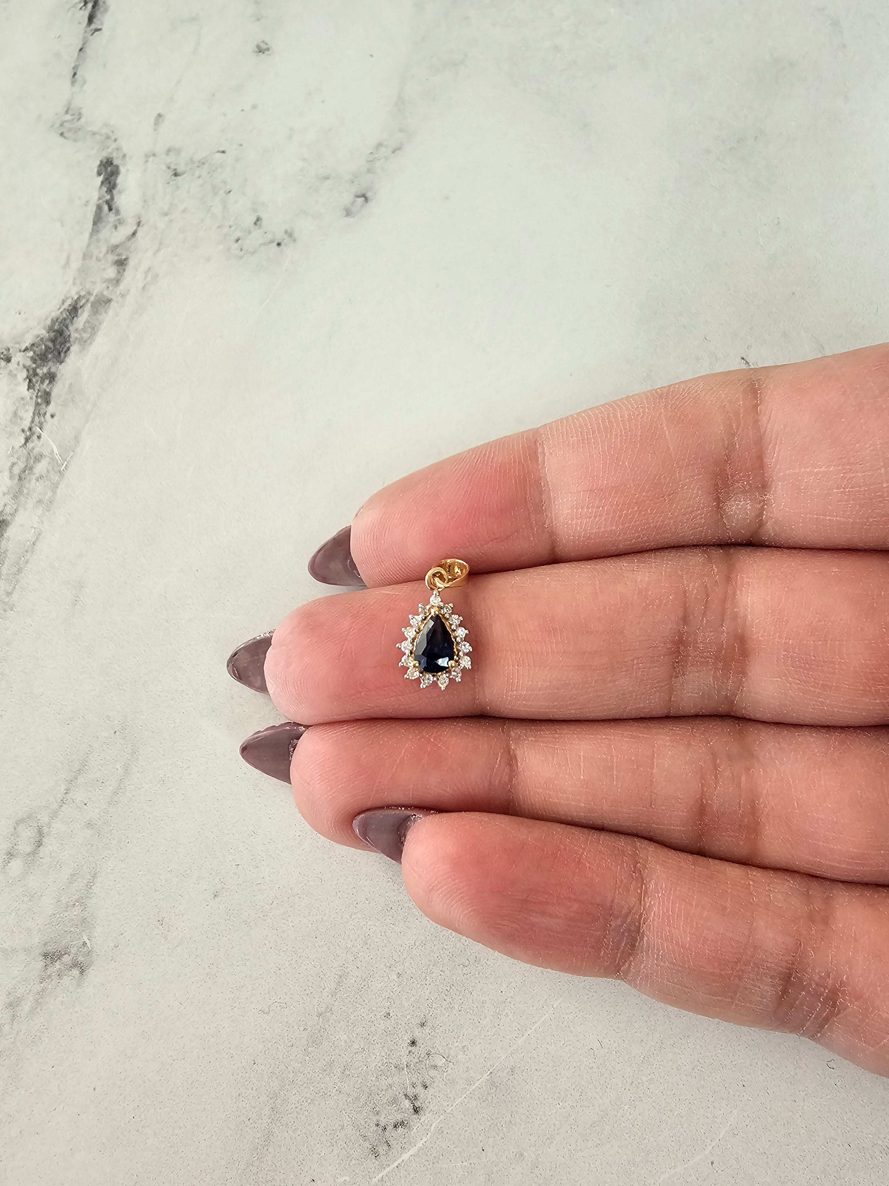 Exquisite 14k Yellow Gold Pear Shaped Sapphire & Diamond Halo Pendant Necklace - Elegant Jewelry for Weddings, Anniversaries & Special Occasions