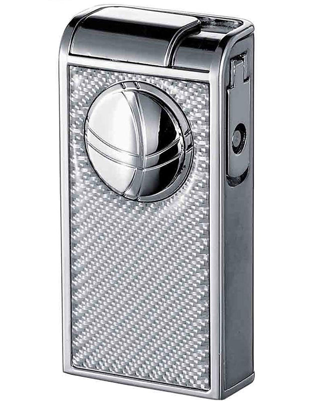 Premium Infinity White Carbon Fiber Chrome Double Torch Lighter - Windproof Refillable Butane Lighter for Cigars, Candles, Camping & Outdoor Adventures