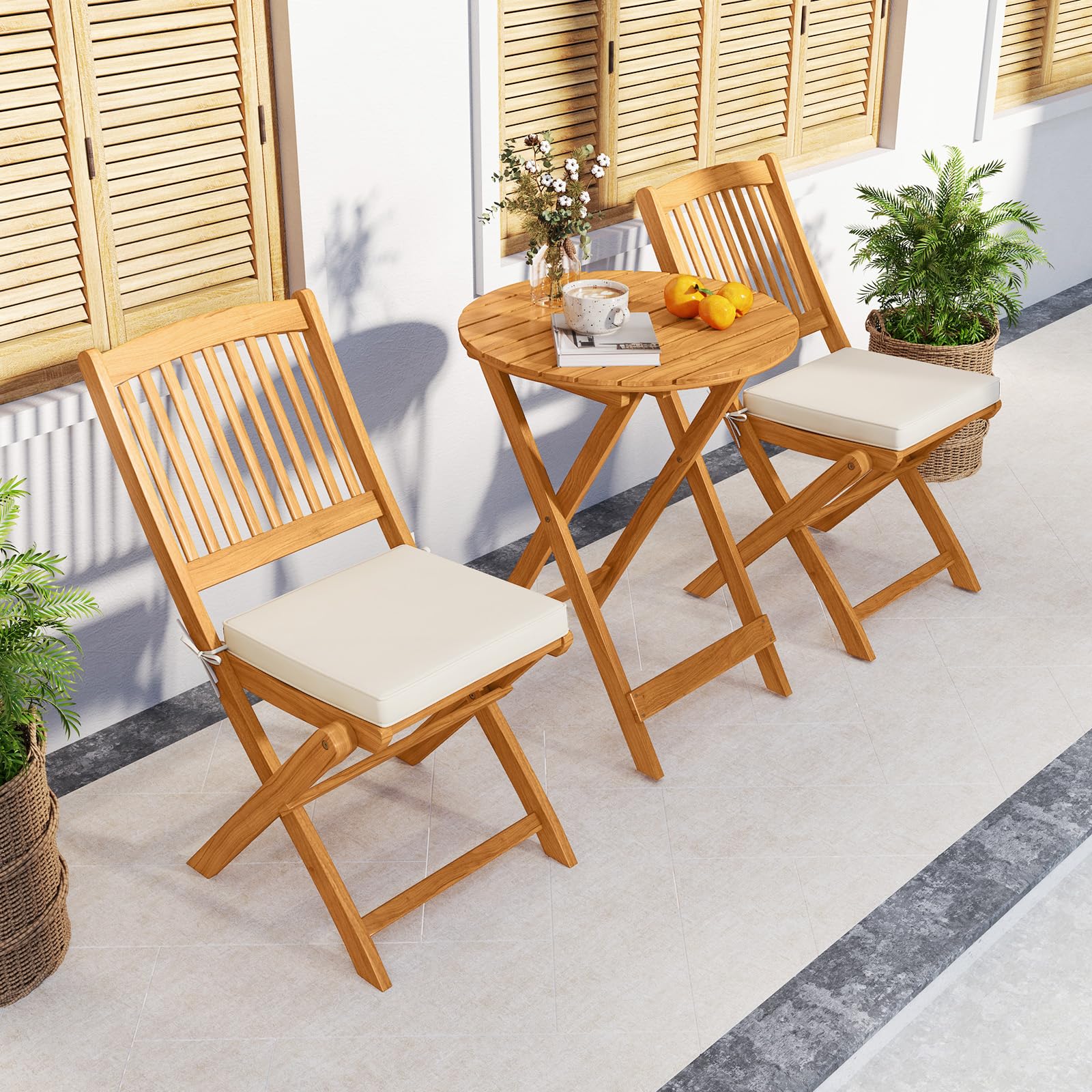 Tangkula 3-Piece Acacia Wood Patio Bistro Set with Cushions - Outdoor Folding Table & Chairs for Garden, Deck, Balcony, Backyard - Perfect for Dining, Relaxing & Entertaining