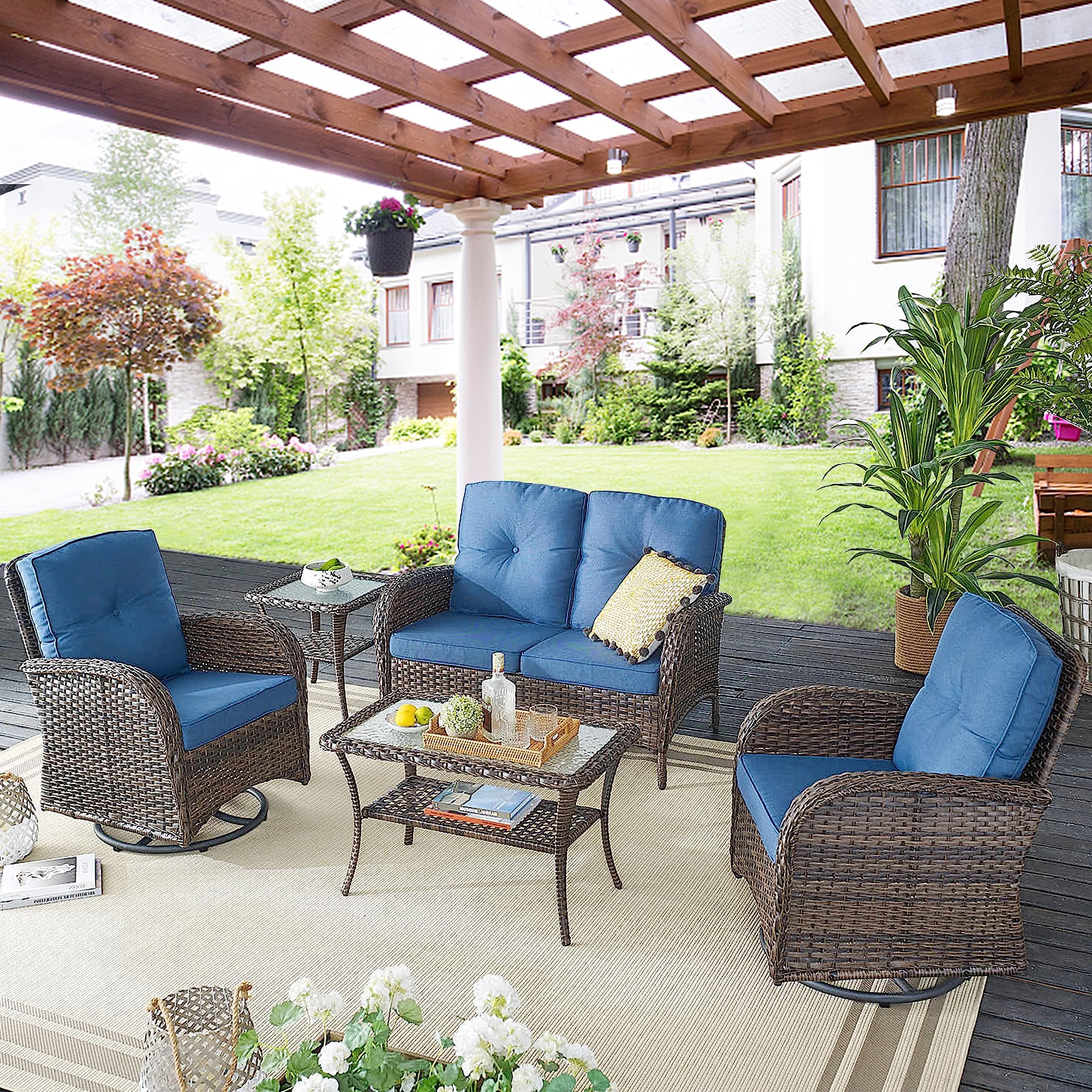 PE Wicker Patio Swivel Glider Chair with Cushions - Outdoor Rocking Chair for Porch, Deck & Balcony - Brown Wicker with Blue Cushion - Perfect for Relaxing, Sunbathing & Entertaining Guests
