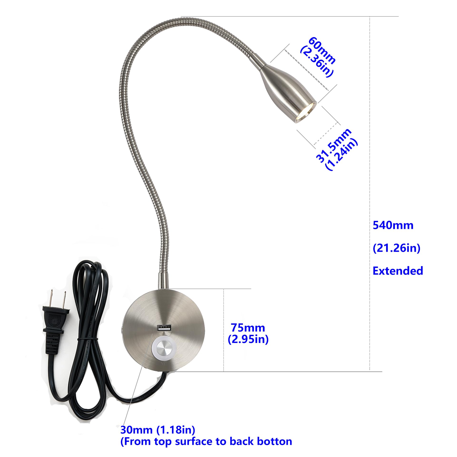 Wall Mounted Dimmable LED Reading Light with Touch Switch - Adjustable Gooseneck Task Lamp for Bed Headboard (3W, 120V AC, Brushed Nickel, Warm White) - Perfect for Night Reading, Studying, and Bedside Lighting