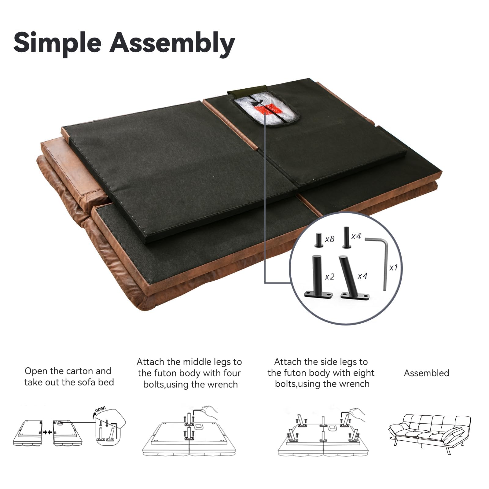 Hcore Faux Leather Convertible Futon Sofa Bed with Memory Foam - Modern Splitback Sleeper Loveseat for Small Spaces - Light Brown - Perfect for Living Room, Office & Apartment Use