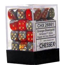 Chessex 36-Pack Orange Steel with Gold Gemini 12mm Pipped D6 Dice Set - Perfect for Tabletop RPGs, Board Games, and Collectors