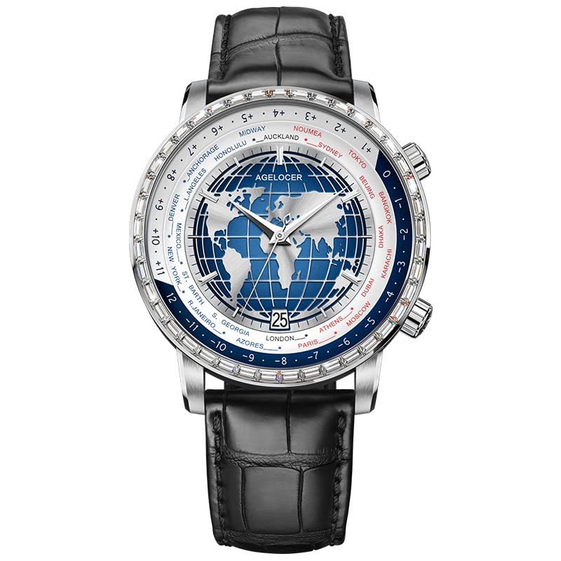 AGELOCER Men's Automatic Mechanical Watch - Blue Planet Design, Sapphire Crystal, Genuine Leather Strap, World Time Function | Perfect for Business, Formal Occasions & Everyday Wear