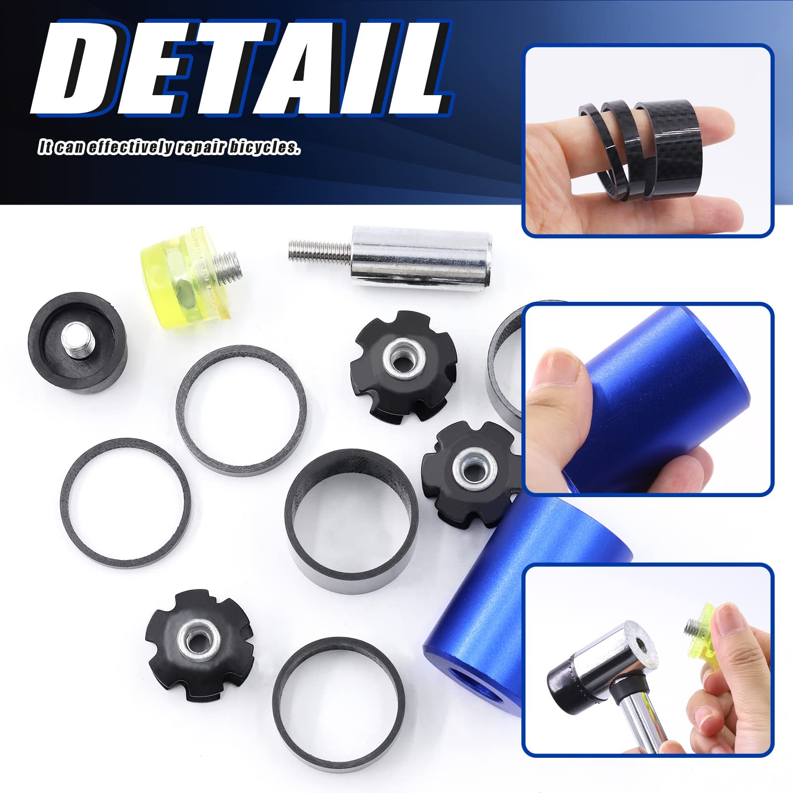 Glarks 15Pcs Bike Fork Star Nut Headset Spacer Installation Tool Kit - Professional Bicycle Fork Installer Setting Tool with Rubber Hammer, Star Nuts & 3/5/10/15/20mm Carbon Fiber Headset Spacers - Perfect for DIY Bike Repair and Maintenance