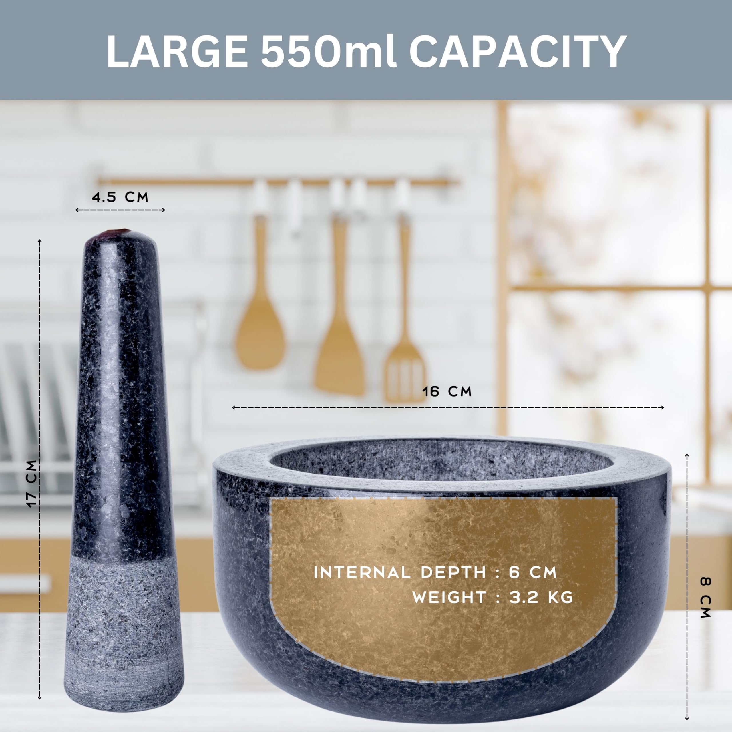 Premium Homiu Granite Mortar and Pestle Set - 6.1 Inch Natural Stone Spice Grinder for Herbs, Garlic, Peppercorns & Paste - Durable Kitchen Tool for Crushing, Grinding & Mixing - Perfect for Cooking, Baking & Herbal Remedies