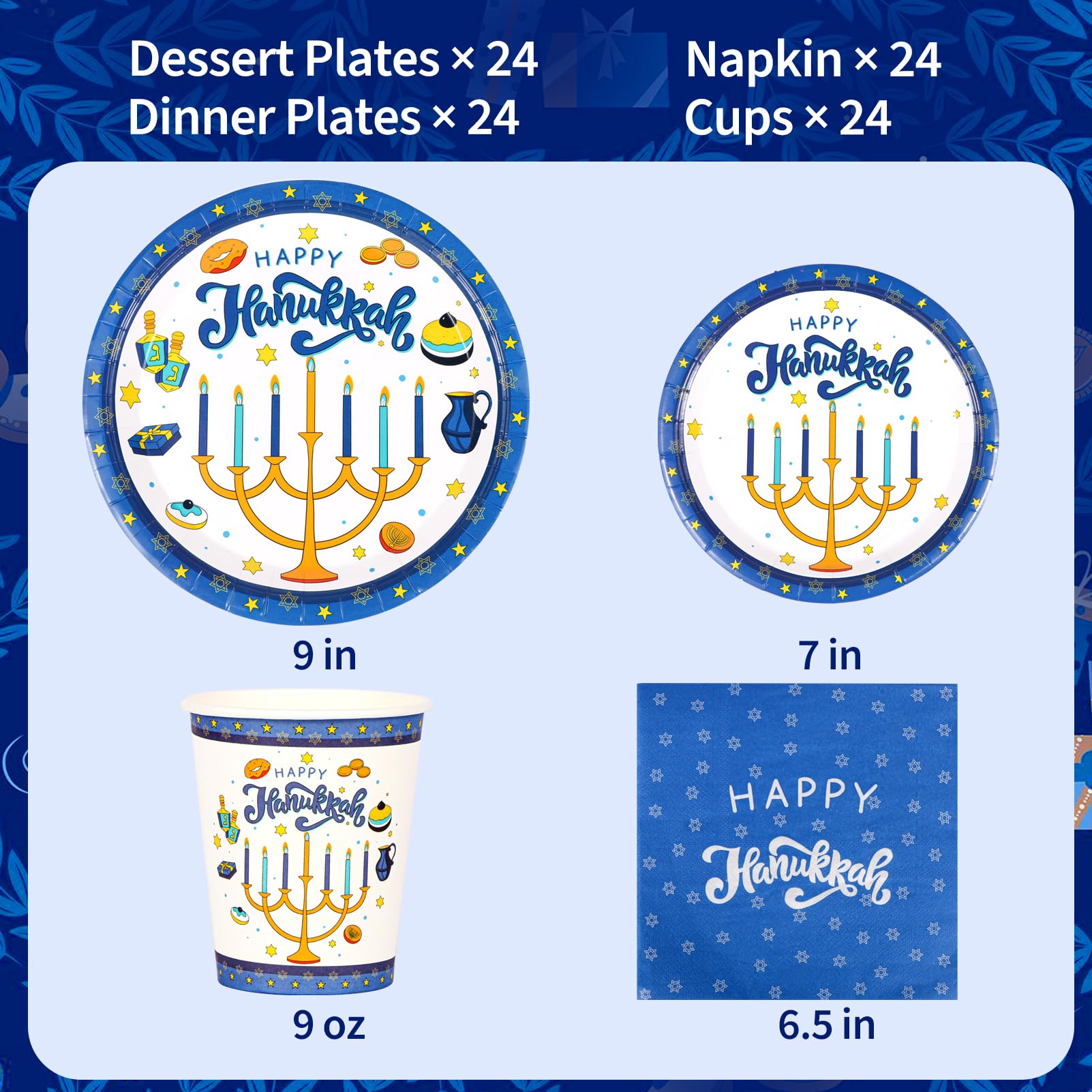 Happy Hanukkah Party Supplies Set - 24-Pack Plates, Cups & Napkins for Jewish Chanukah Themed Celebrations | Perfect for Hanukkah Birthdays, Family Gatherings & Holiday Parties