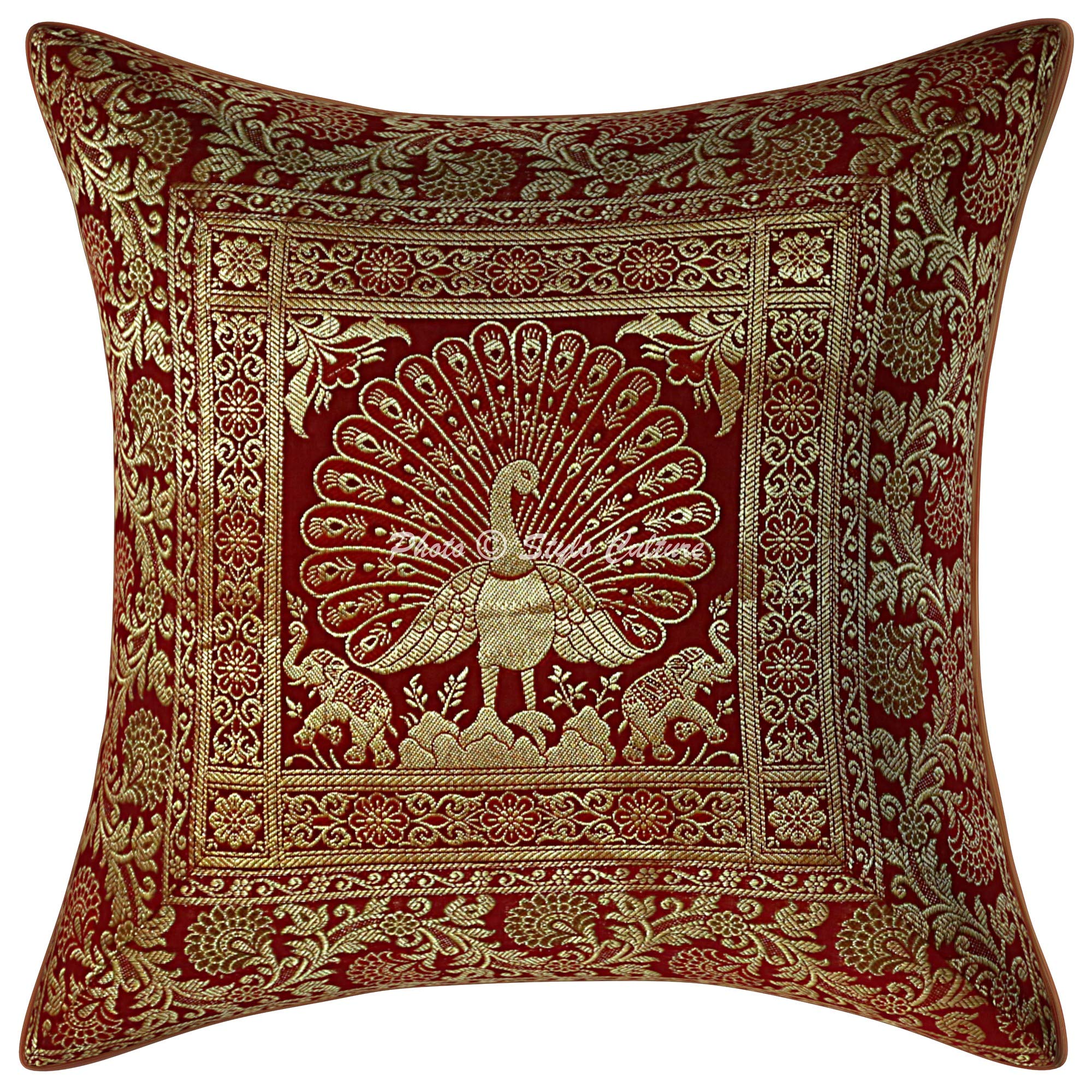 Indian Zippered Brocade Throw Pillow Covers 16x16 - Burgundy Maroon & Gold Jacquard Weave Banarasi Decorative Cushion Cases with Dancing Peacock Floral Design (40x40 cm, 1 Piece) - Perfect for Sofa, Bed, Living Room & Home Decor