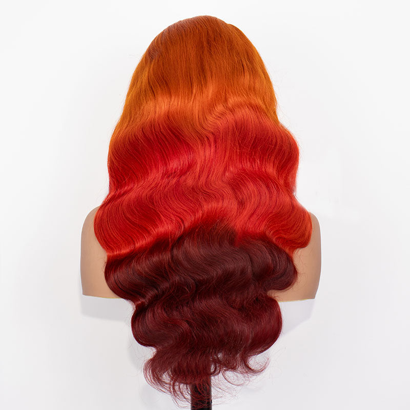 Eullair Ombre Orange Red Brown Body Wave Human Hair Wig with Transparent Lace Frontal for Women - Perfect for Daily Wear, Cosplay & Special Occasions