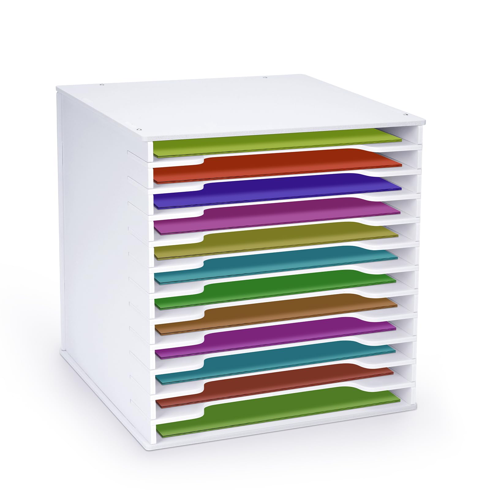12x12 Scrapbook Paper Organizer - Adjustable 12-Slot Desktop Shelf with Letter Tray, White Paper Storage Rack for Home Office & Craft Room - Perfect for Organizing Scrapbooking Supplies, Office Files, and Stationery