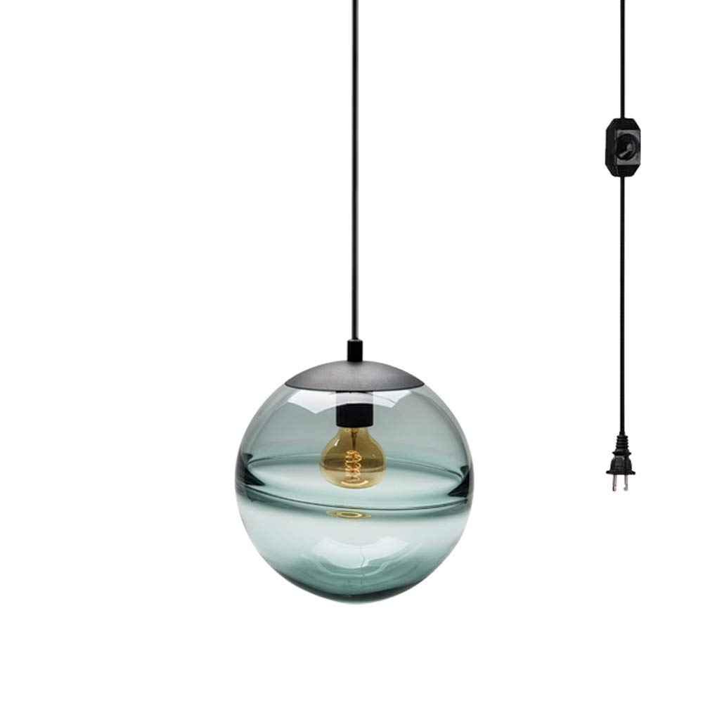 Nordic Style Blue Circular Pendant Light - 15 ft Black Plug-in Cord with Dimmer Switch, E26 Lampholder (Bulb Not Included) - Perfect for Bedroom, Loft, Lounge & Modern Home Decor