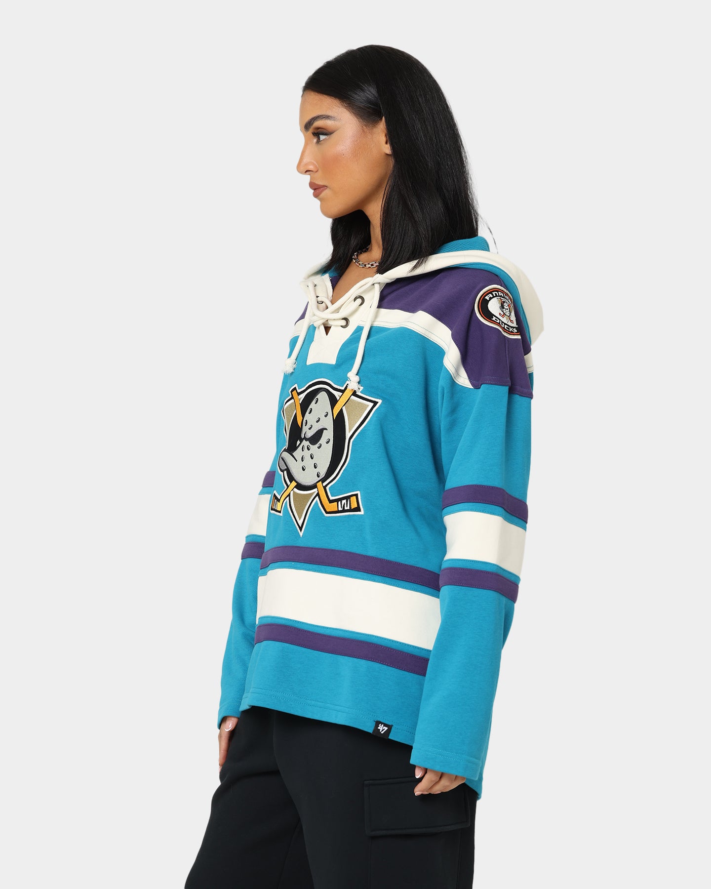 47 Brand Anaheim Ducks Lacer Hoodie - Purple & Sharks Teal Color - Men's NHL Hockey Pullover Sweatshirt for Game Day & Casual Wear