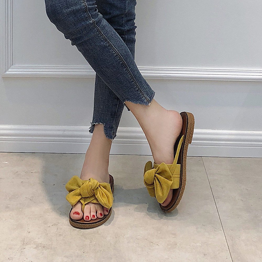 Women's Flat Slide Sandals - Comfortable Cork Sole & Cute Knot Bow Design - Breathable Canvas Summer Sandals for Casual Wear, Beach, and Outdoor Activities