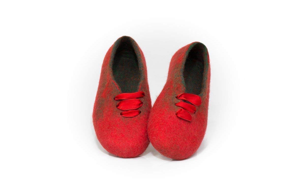 Handmade Wool Slippers with Red Silk Laces - Cozy Winter House Shoes for Women | Perfect Mother's Day Gift for Her | Warm Indoor/Outdoor Comfort for Home, Office & Travel
