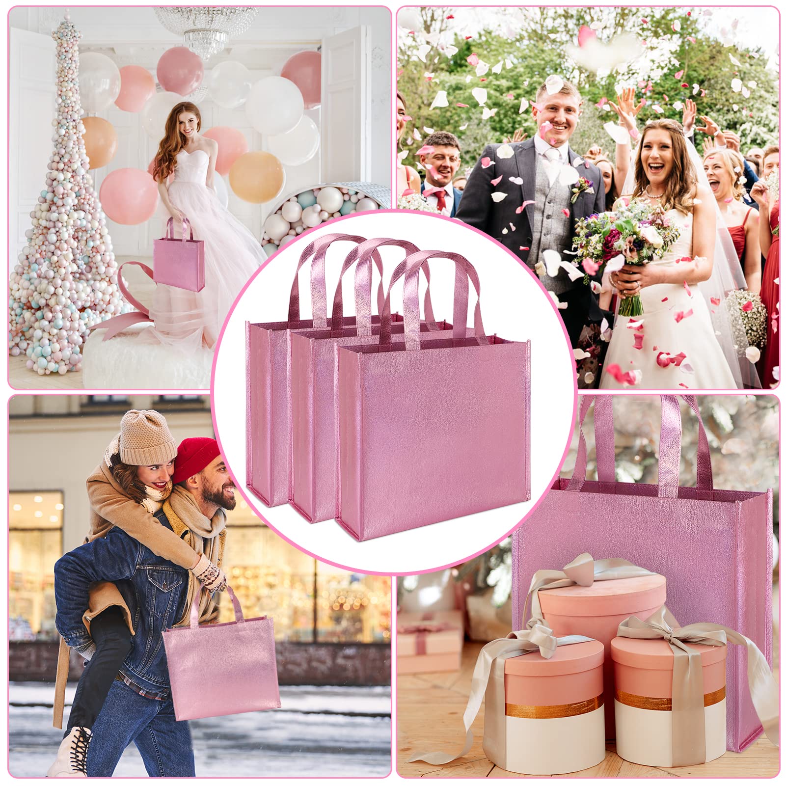 PHOGARY 12 Pack Large Pink Gift Bags with Handles - Premium Non-Woven Fabric Reusable Party Favor Bags for Birthday, Bachelorette, Wedding & Bridal Shower | Perfect for Gift Wrapping, Party Favors & Goodie Bags
