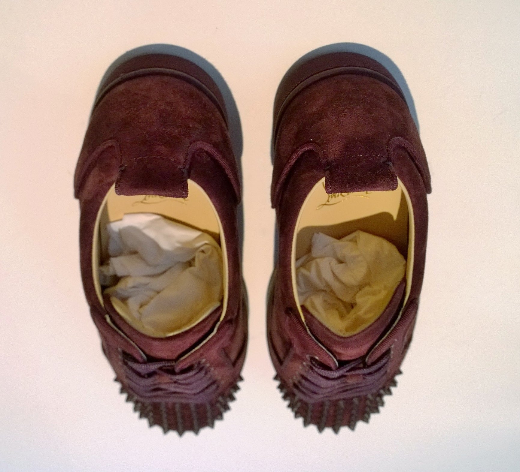 Christian Louboutin Louis Junior Spikes Orlato Majestueux Plum Suede Sneakers - Luxury Designer Shoes for Men, Perfect for Formal Events & Night Out