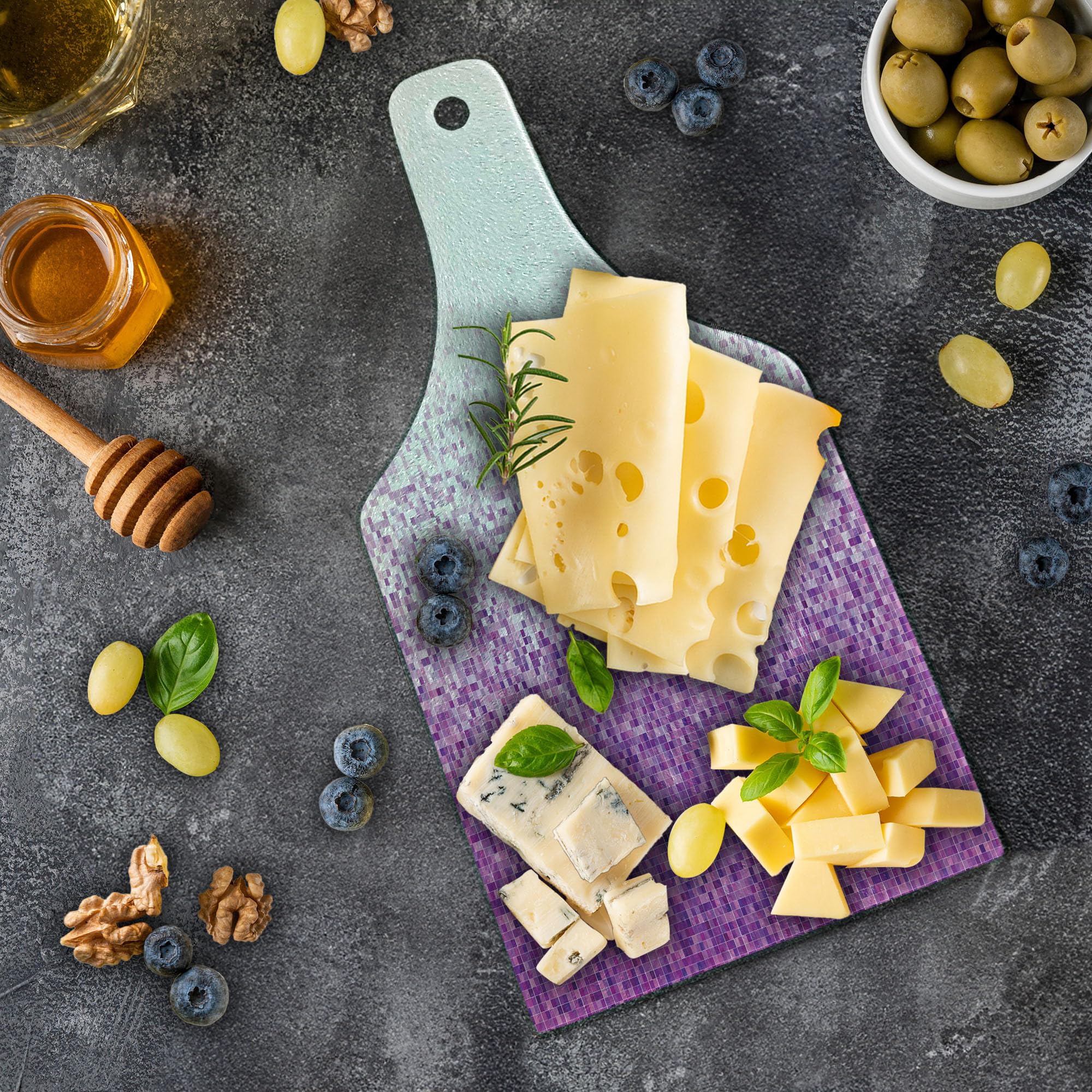 Ambesonne Purple White Tempered Glass Cutting Board - Artistic Pixel Mosaic Design, Decorative Serving Board for Kitchen & Entertaining - Perfect for Cheese Platters, Wine Pairing & Home Decor