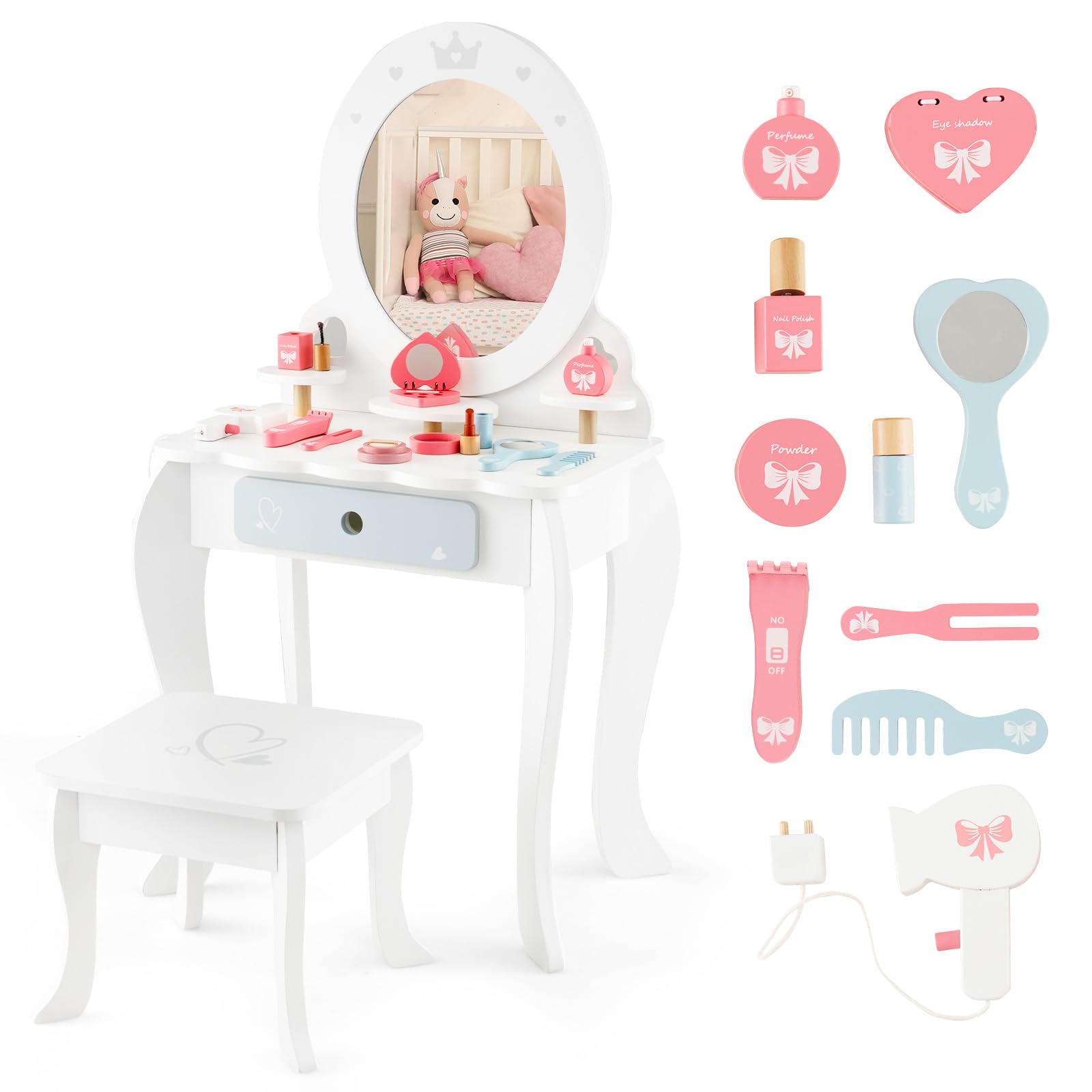 Honey Joy Kids Vanity Set - Wooden Makeup Table with Stool & 10 Play Accessories for Toddler Girls Pretend Play