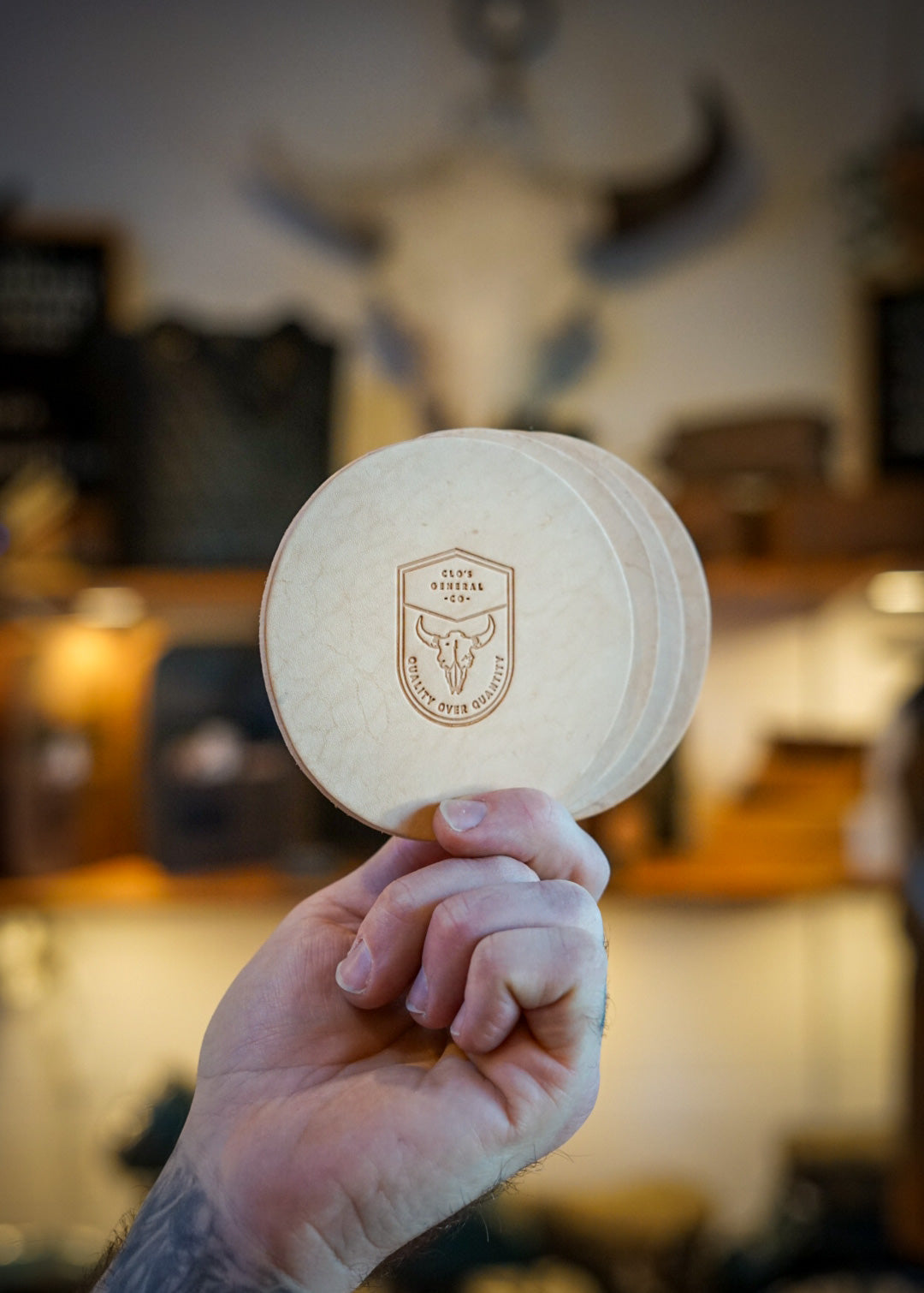 Premium Leather Coasters Set - Round Bison & Veg Tan for Home & Office - Protect Furniture from Stains & Water Rings - Perfect for Coffee, Wine & Drinkware